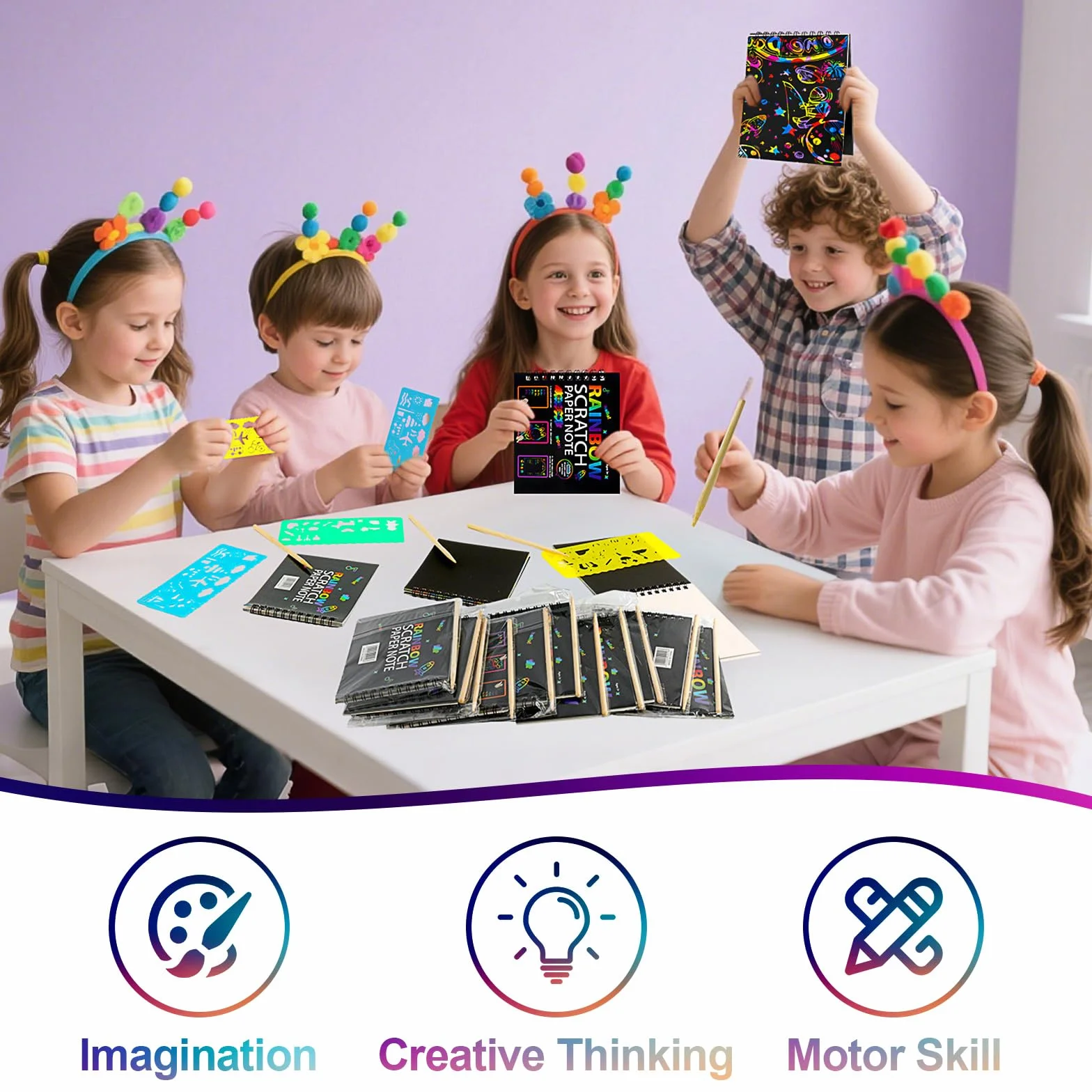 Carte à Gratter Enfant 12 Pack Notes Arc-en-ciel Livre d'Art à Gratter avec Stylo Bambou