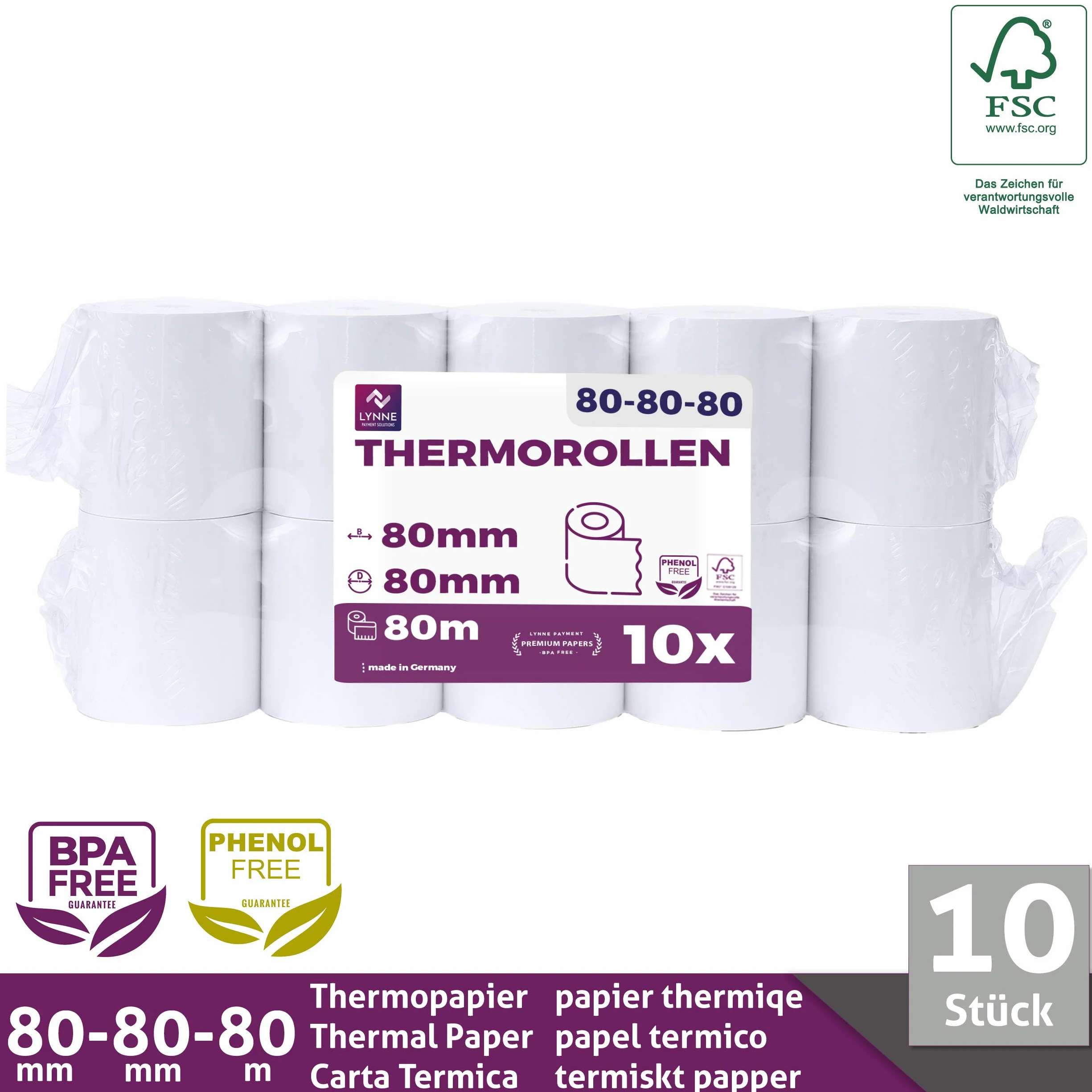 Rouleau Thermique 80x80x12 Bobine 80x80 pour Imprimante Thermique 80mm x 80m x 12mm Sans BPA 10x