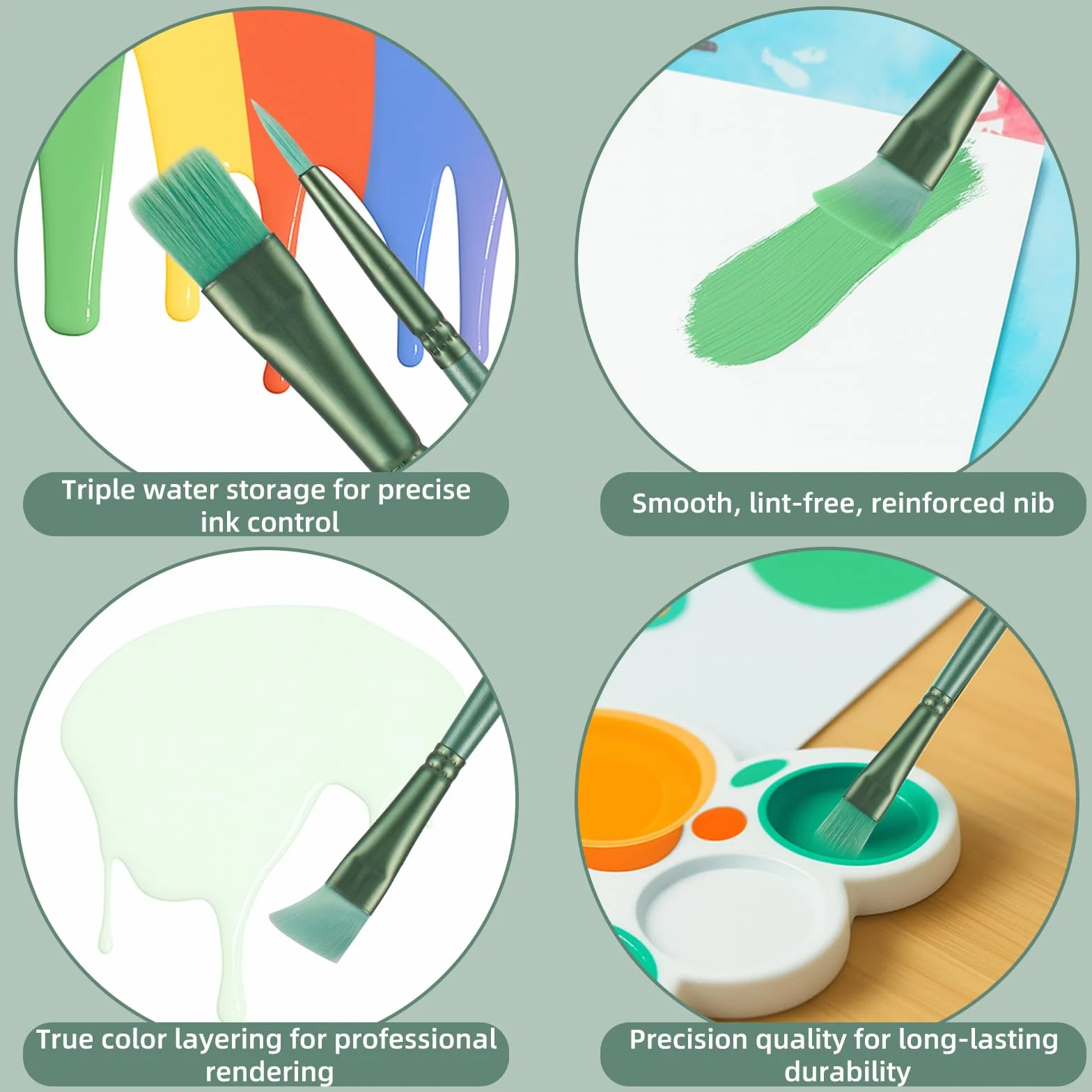 Lot de 6 Pinceaux Acryliques Professionnels Poils Nylon pour Peinture Huile Aquarelle Gouache Détails Fins Traits Larges Débutants Pros Vert