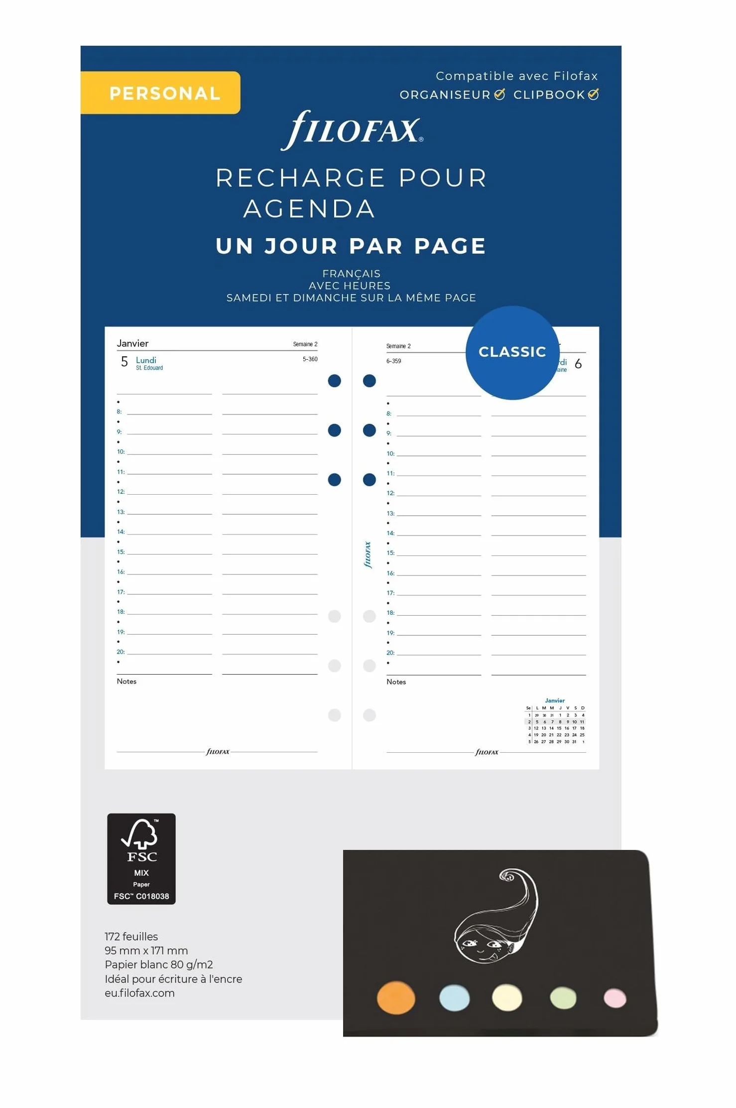 Lot Filo Recharge Civile 2027 Personal Français 1 Jour par Page Compatible Filofax + Index Adhésif