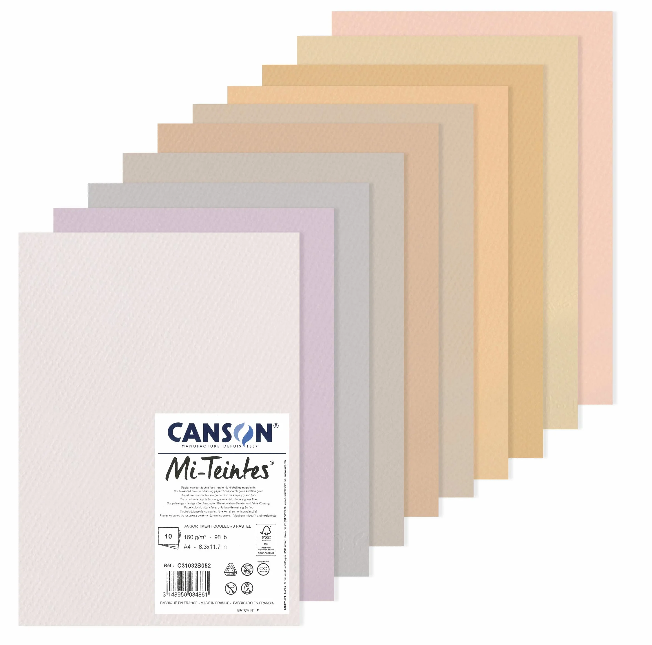 CANSON Mi-Teintes Papier Dessin A4 160g/m² Pastel Assortiment 10 Feuilles