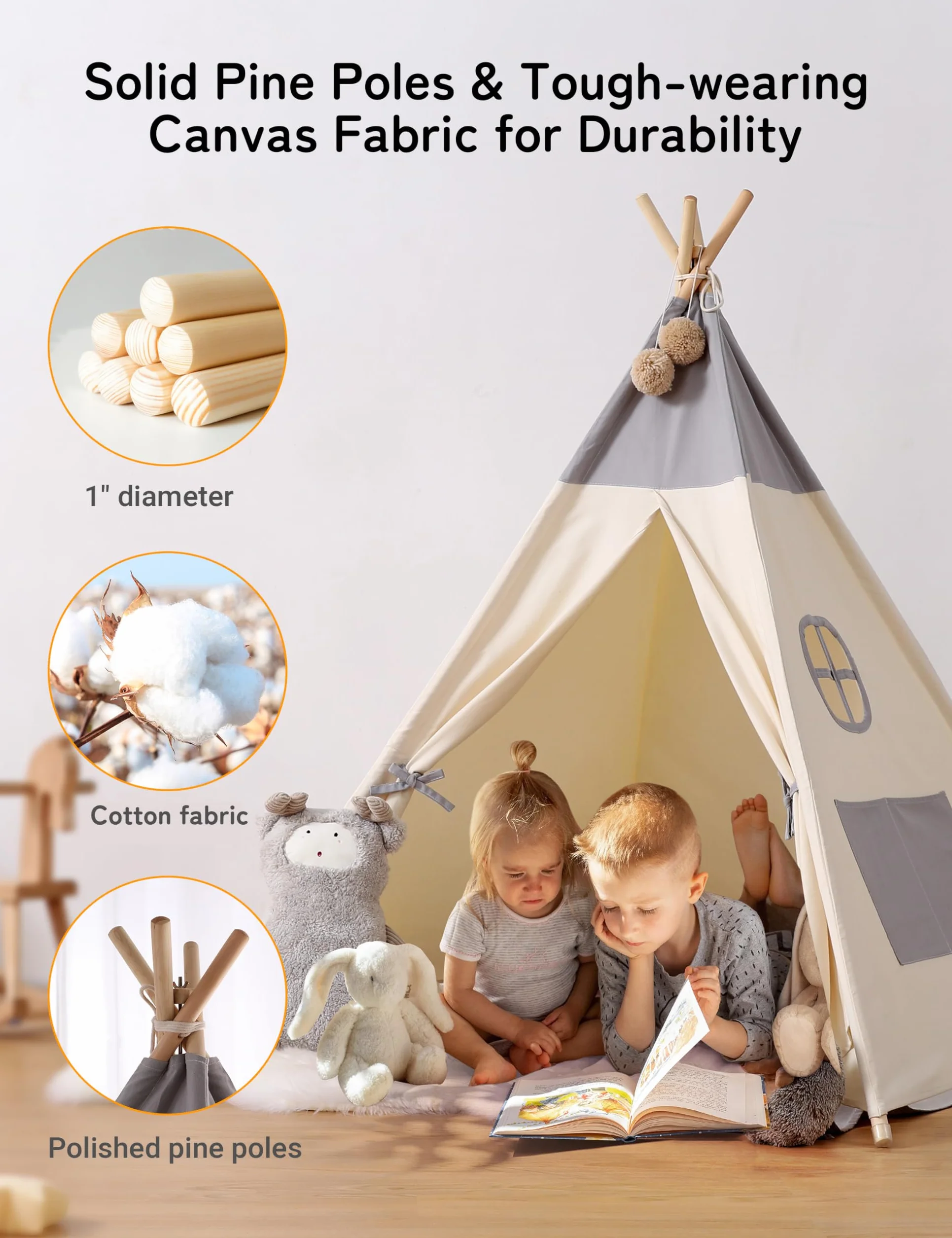 Tipi Enfant avec lumière Tapis & fixateur, Grande Tente Pliante pour Bebe Gris