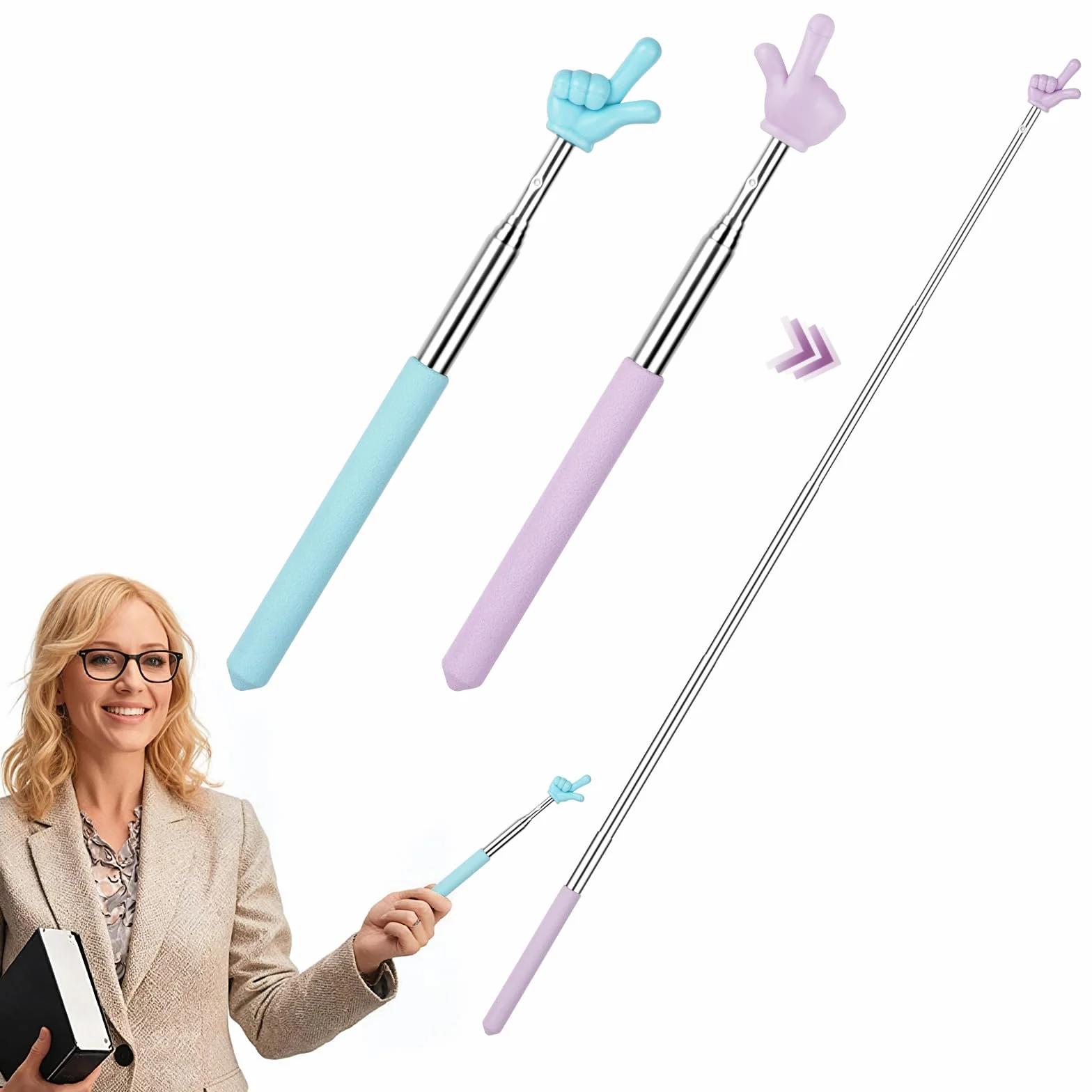 Pointeur de Doigt Rétractable Lot de 2 pour Enseignant, Flexible et Pratique, Bleu Violet