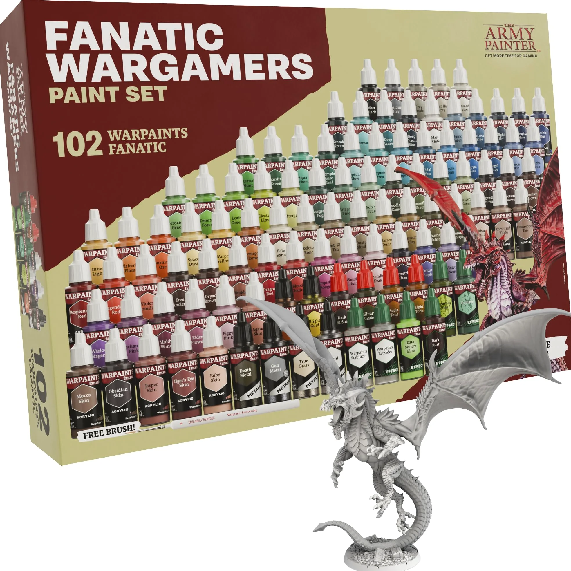 The Army Painter, Warpaints Fanatic Wargamers Paint Set, 102 x 18 ml | Métalliques, lavis, effets, 1 pinceau & 1 figurine, peinture pour D&D & Warhammer
