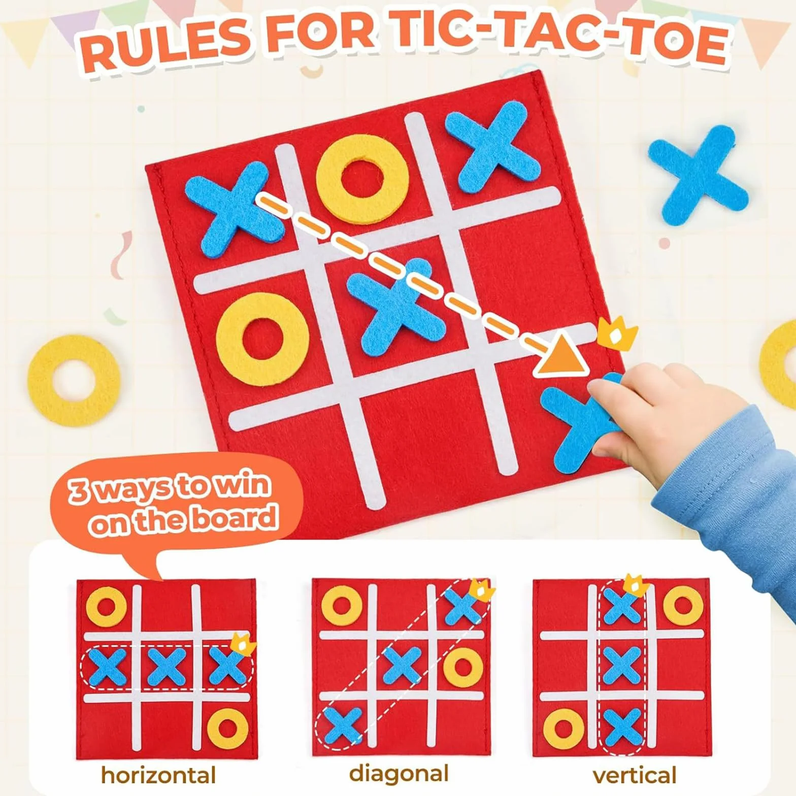 Jeu de Morpion en Feutrine 12x12 cm, Mini Jeux de Société Tic Tac Toe Voyage, Cadeaux Anniversaire Classe (Rouge, Jaune, Bleu)