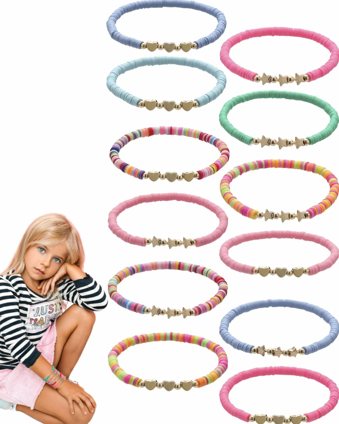 Bracelets d'amitié en forme de cœur pour enfants, bracelet fille, perles plates en argile colorées