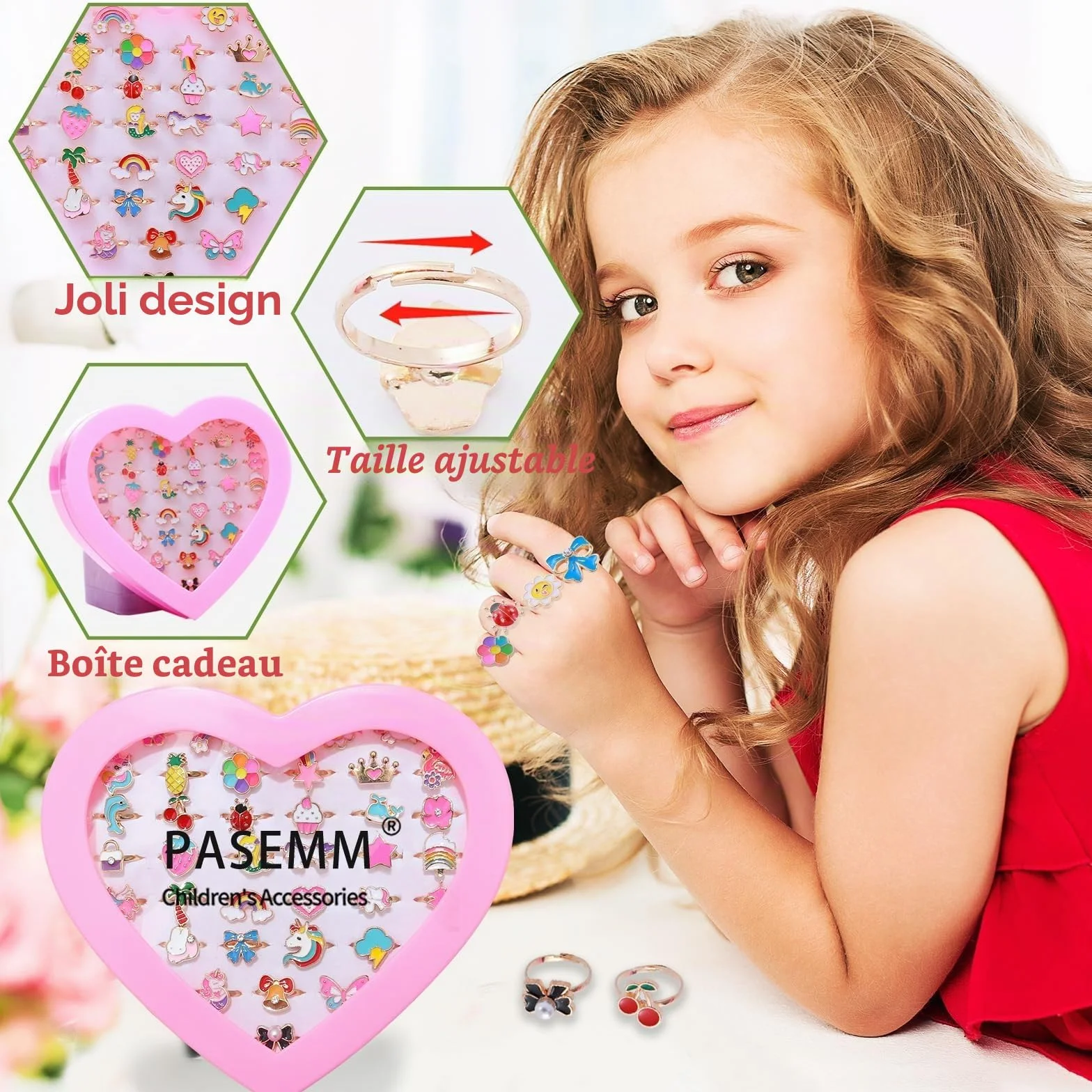 Bagues Enfant Fille Réglables en Métal Coloré, Dessin animé Motifs Aléatoires, Cadeau 4-12 Ans, Boîte Cœur Rose