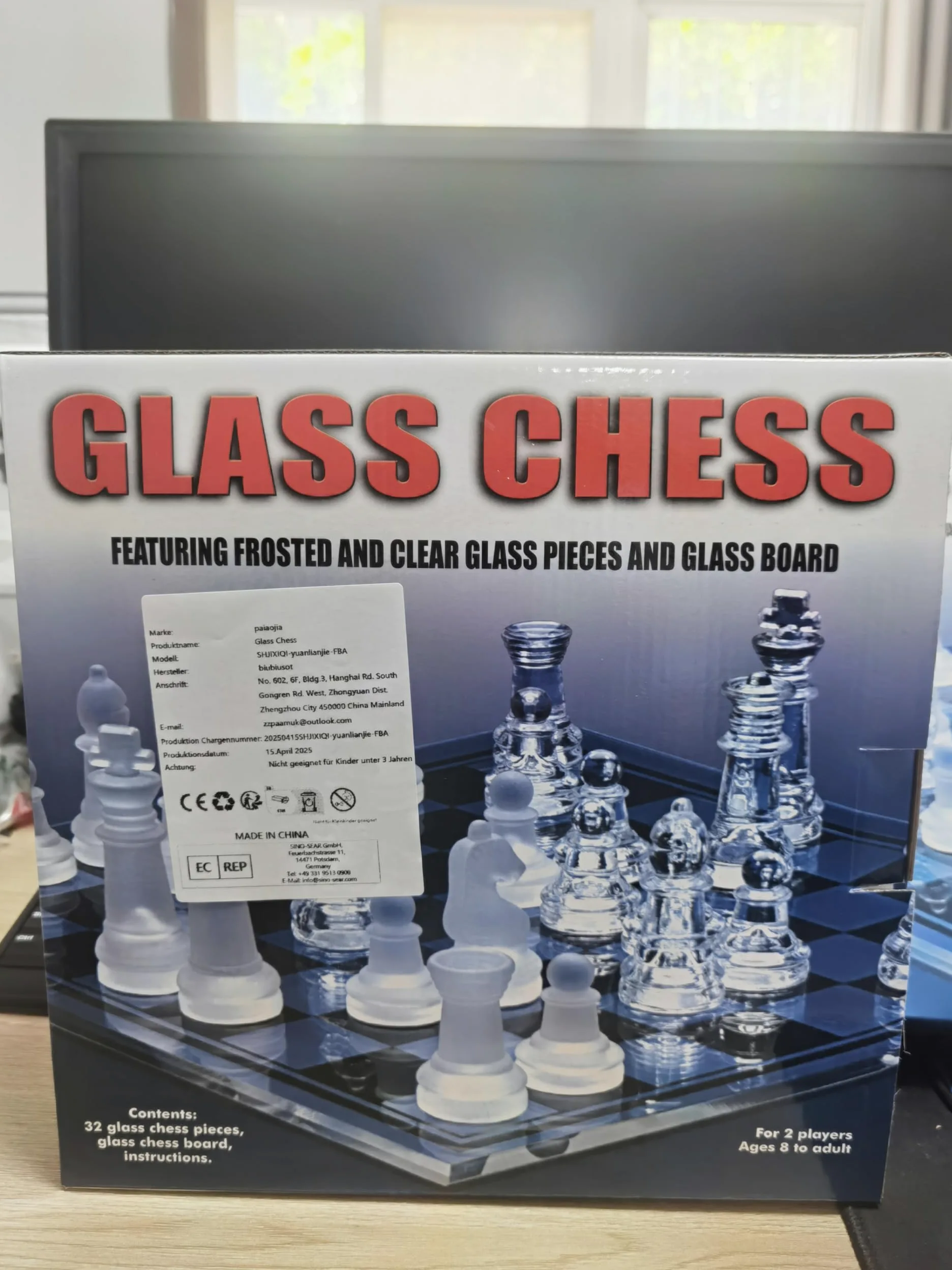 Jeu d'échecs en verre fin - Échecs en verre massif et échiquier miroir en cristal 25,4 x 25,4 cm - Cadeau pour adolescents et adultes - Noir