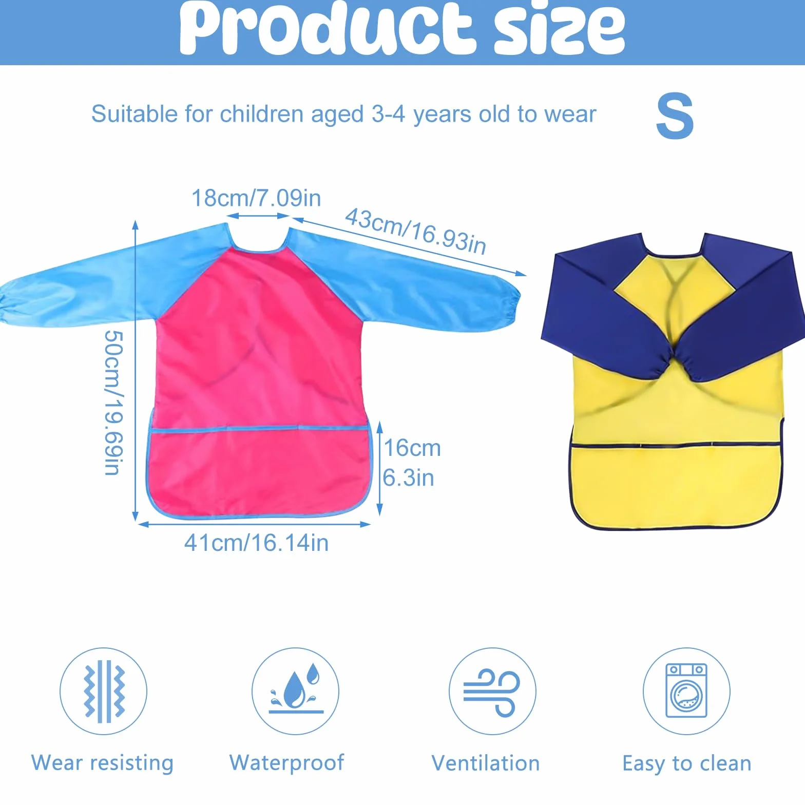 Tablier Peinture Enfant Imperméable avec Manches Longues Blouse 3-8 Ans Poches