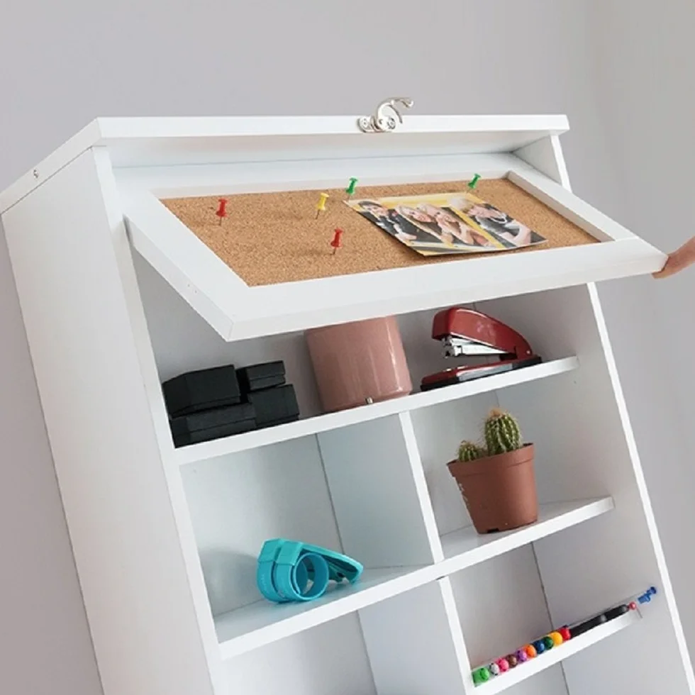 Bureau Mural Pliable en Bois Blanc avec Ardoise et Panneau Liège 50x80x18 cm (plié) 50x155x93 cm (déplié)