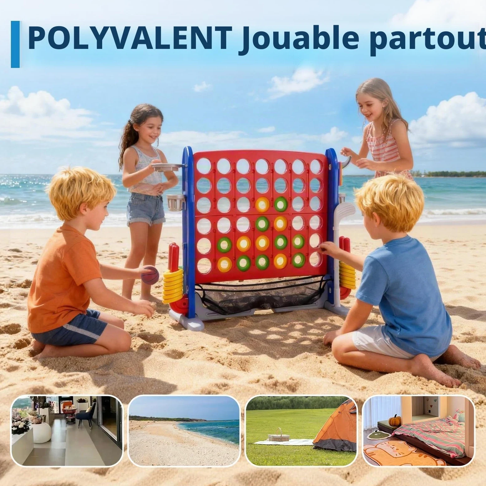Jeux Puissance 4 Géant Réglable Hauteur avec 42 Anneaux Géants 1 Filet,Jeu de Stratégie avec Porte-Anneaux,Levier de Réinitialisation pour Enfants Adultes,Jeu d'Extérieur/Intérieur pour Enfants Et Fam