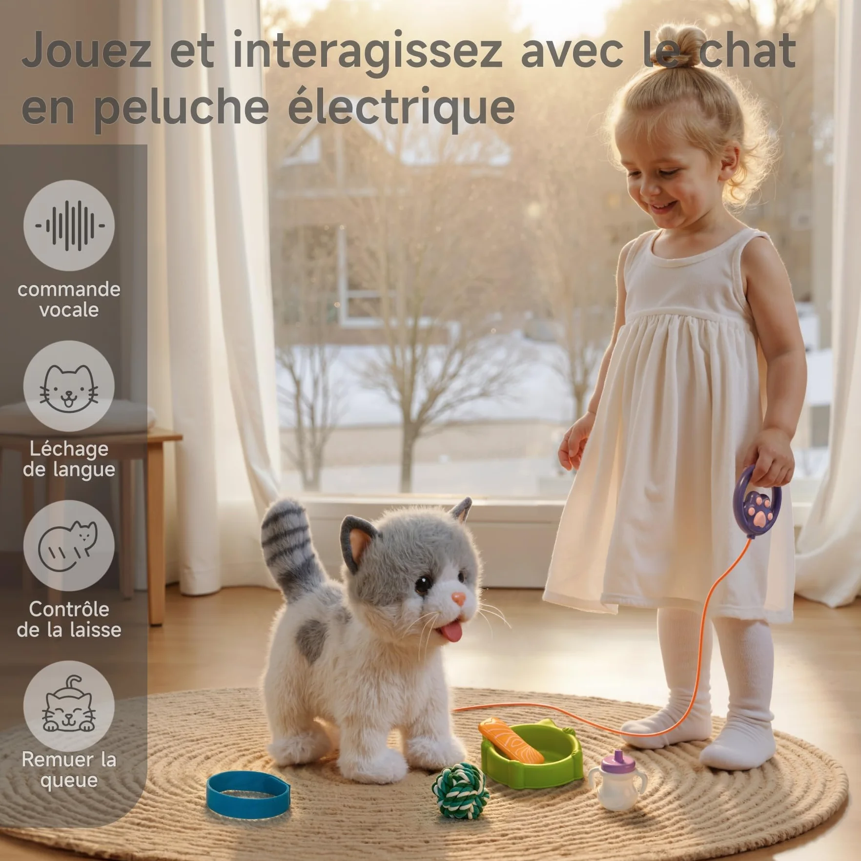 Peluche Chat Interactif Enfant, Animaux Électronique Qui Marche et Aboie, Jouet pour Enfants 3-7 Ans Cadeau Fille Garçon