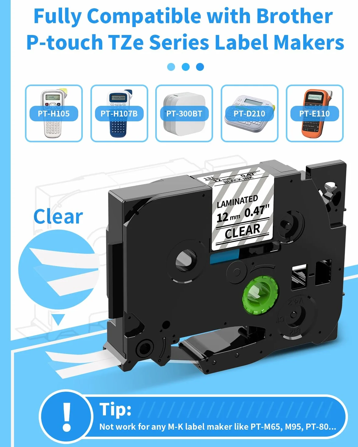 Ruban Remplacement Brother P-touch TZe-131 Transparent 12mm Laminé Cassette Etiqueteuse