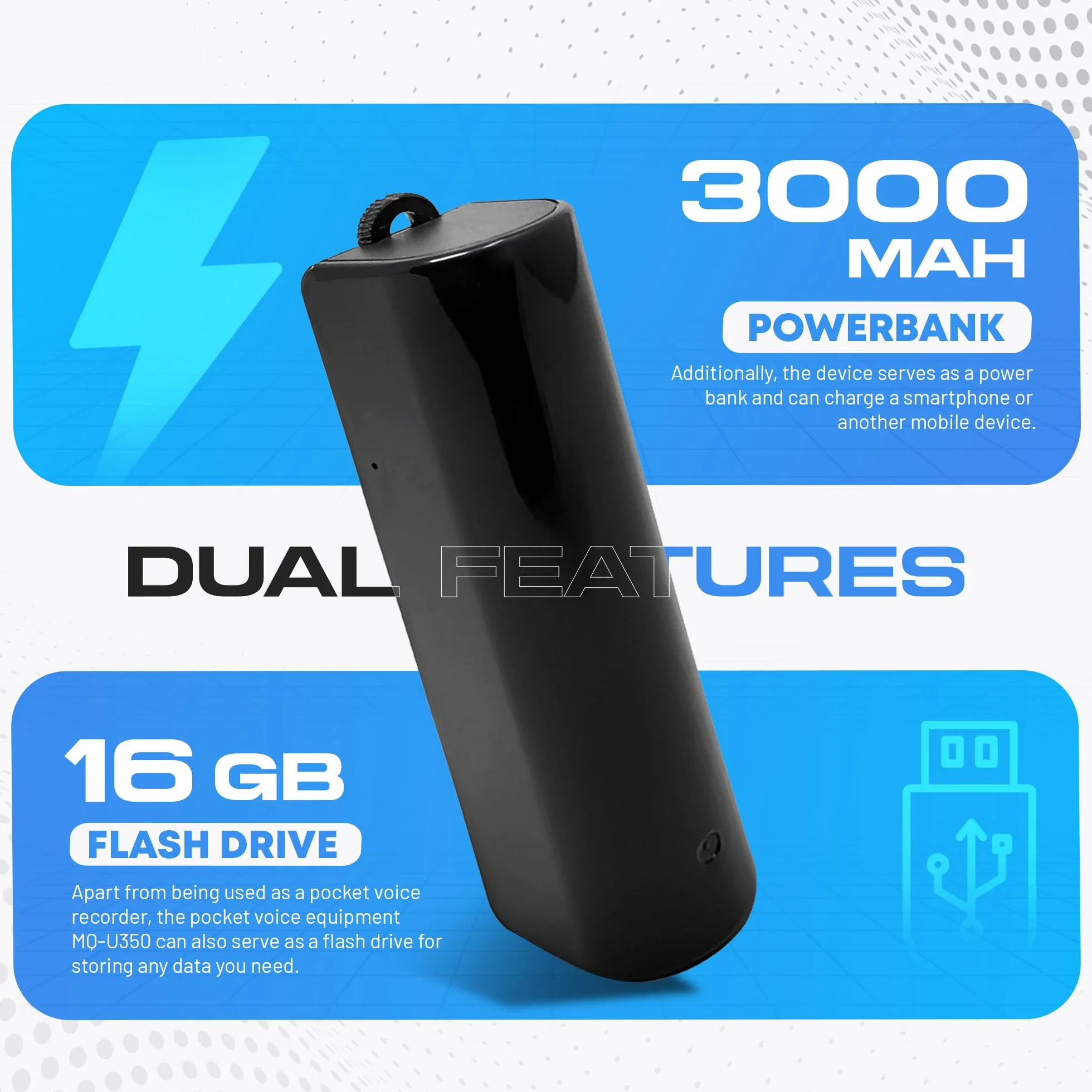Mod Clé USB Dictaphone Power Bank 16 Go 576 heures Enregistrement Continu