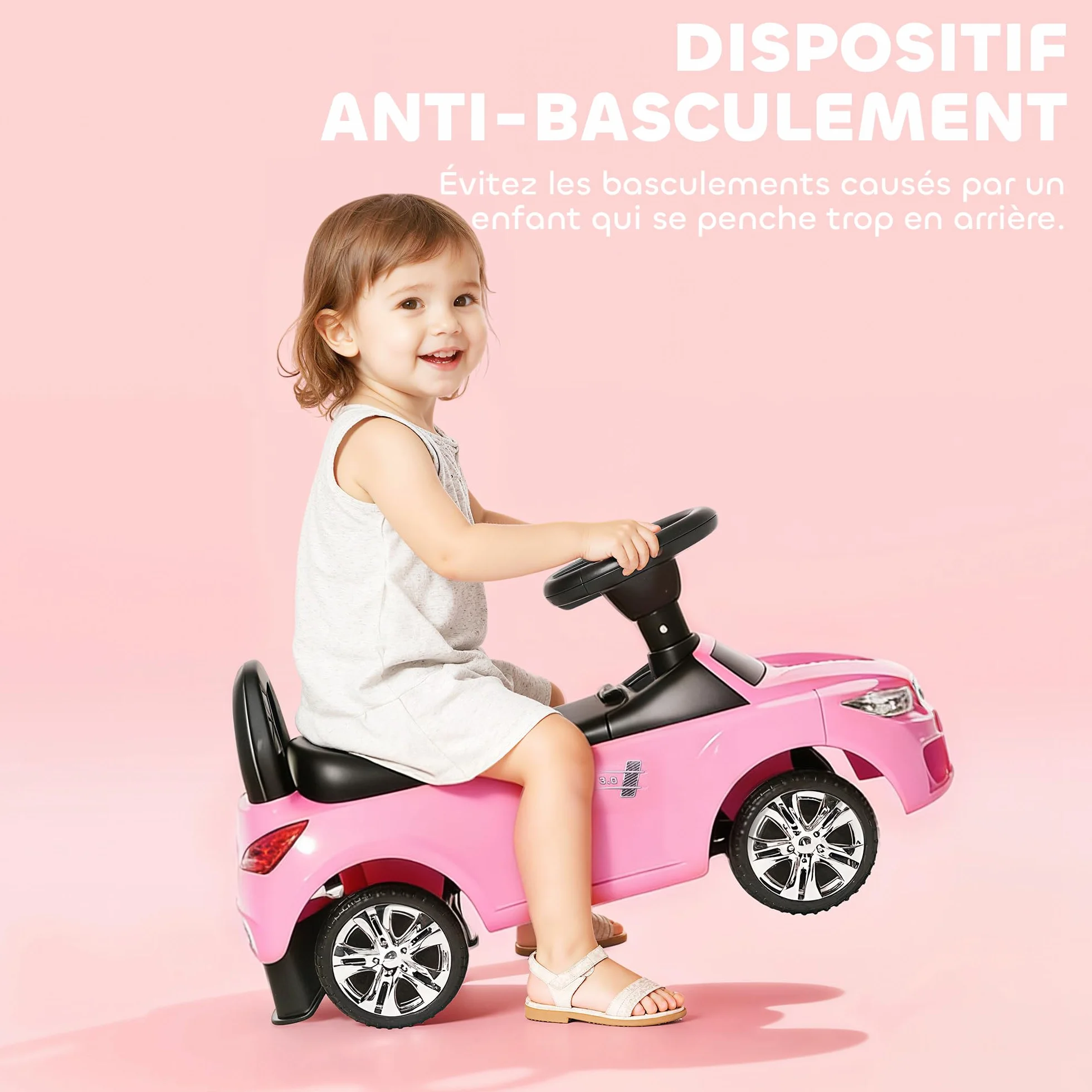 HOMCOM Voiture à Pousser Enfants avec Coffre à Jouets, Klaxon, Phares, Musique, 18-36 Mois, Rose