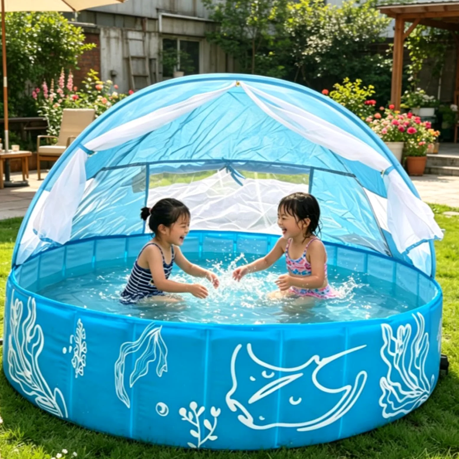 Piscine pour enfants avec auvent solaire et filet de protection pliable | Piscine pour enfants de 120 x 30 cm pour jeu extérieur en été, patio, plage, voyage et jardin