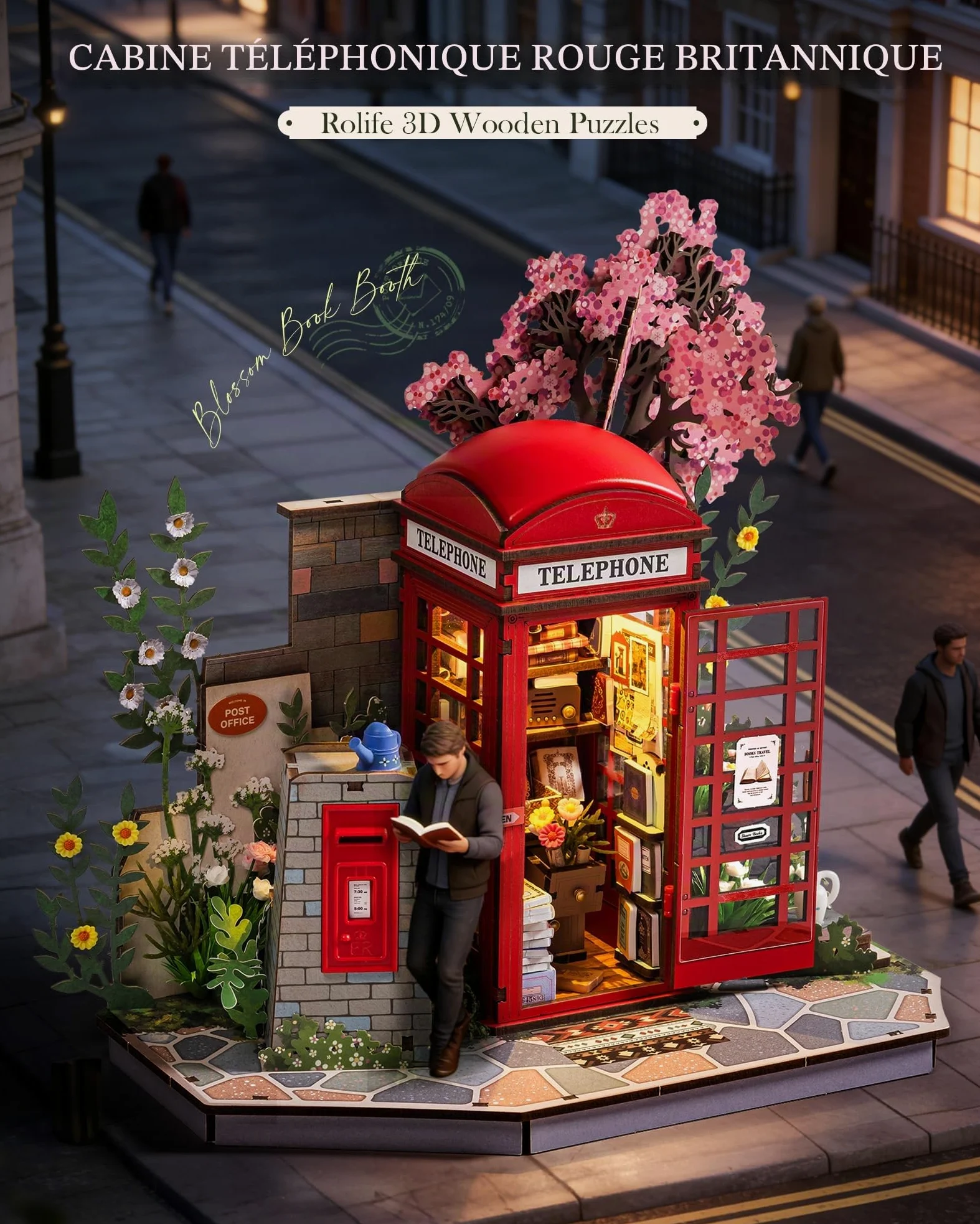 Rolife Puzzle 3D en Bois Cabine Téléphonique Rouge de Londres Maquette pour Adultes à Construire Blossom Kiosque à Livres Jeu de Construction avec Éclairage LED Décoration Intérieure Cadeau Créative