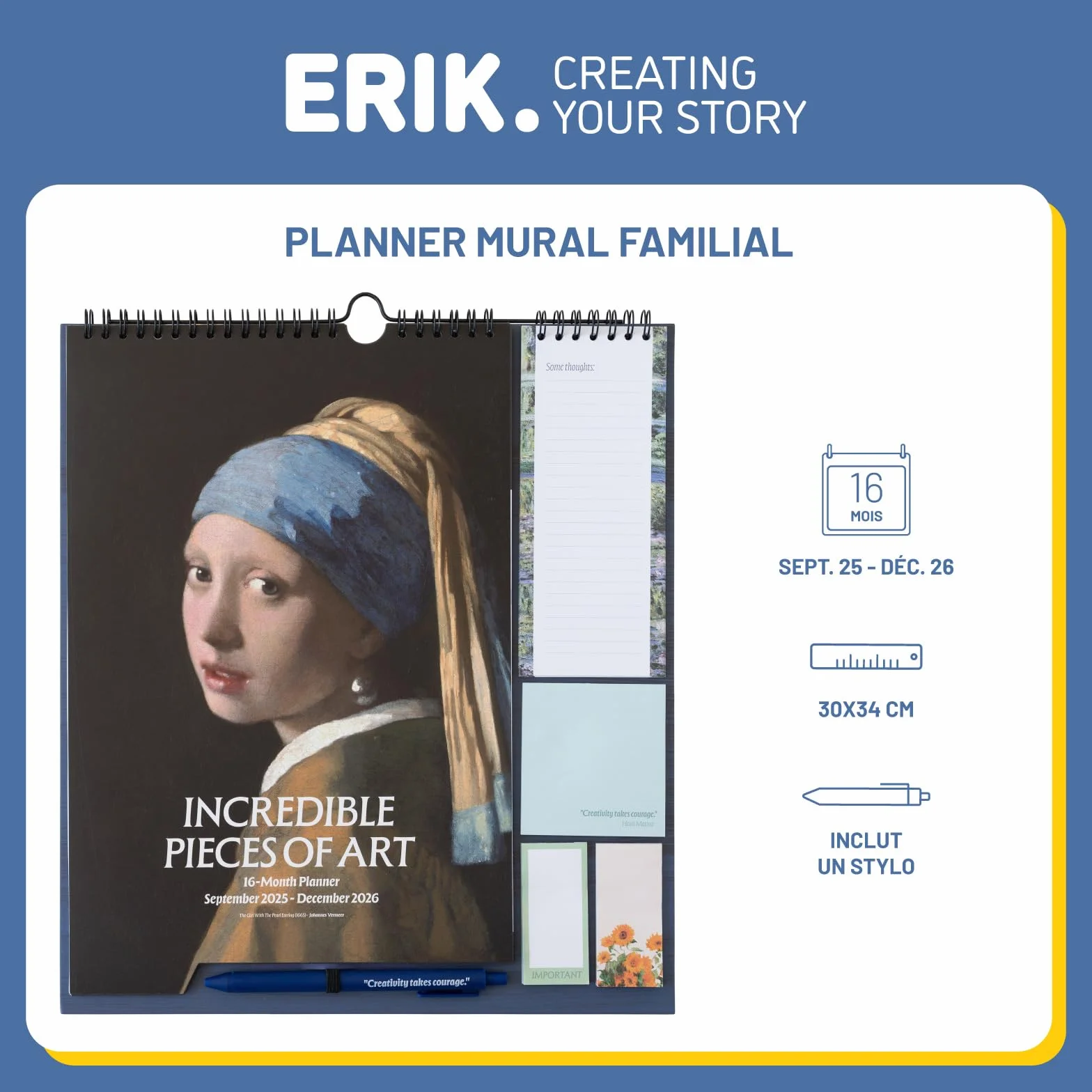 Grupo Erik Calendrier Art Planificateur Mensuel 16 mois Septembre 2025 à Décembre 2026 Familial avec Crochet