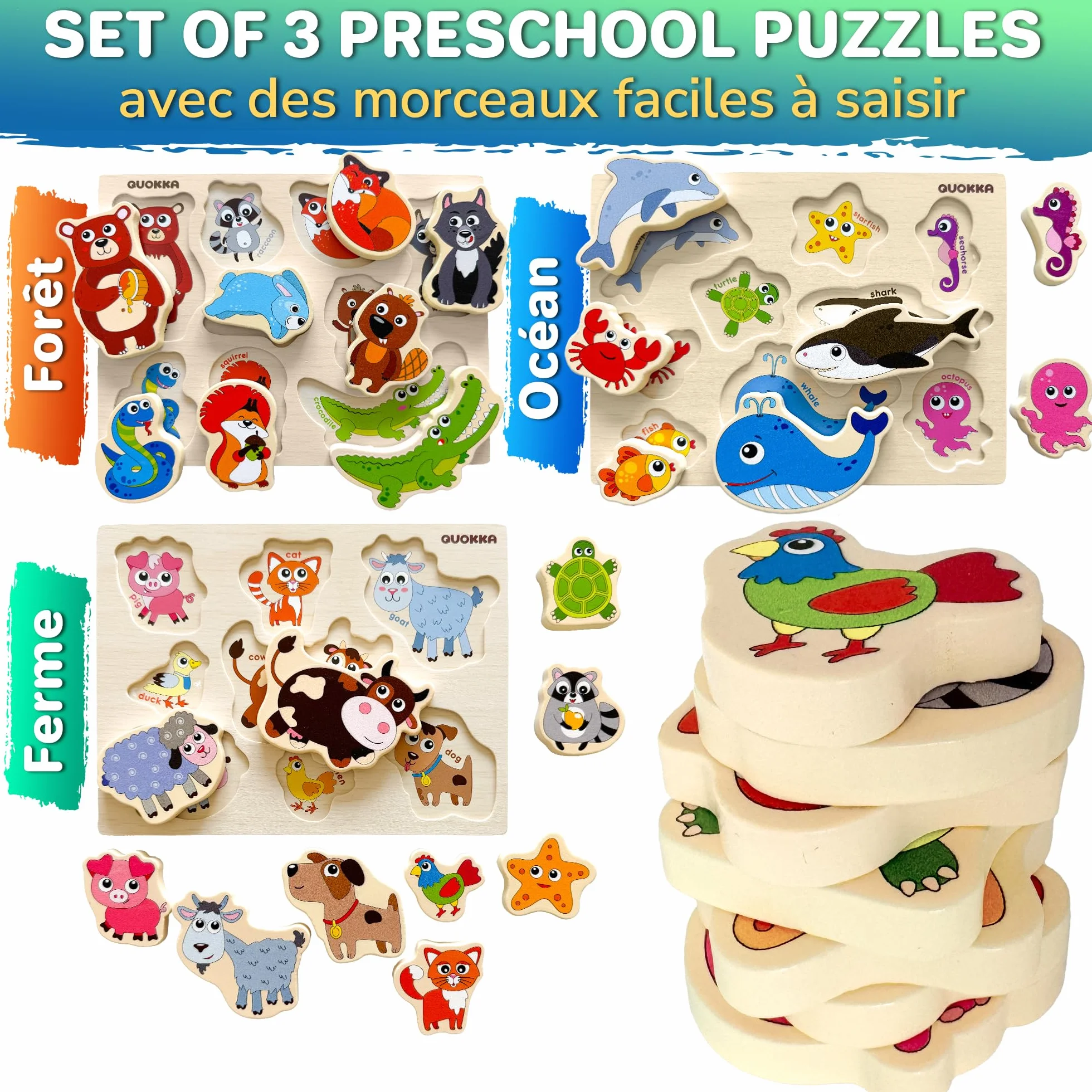QUOKKA Puzzle en Bois Enfant 1 2 Ans - Jouet Montessori Animaux Épais 3 4 Ans - Jeux Educatif Cadeau 1 à 3 Ans