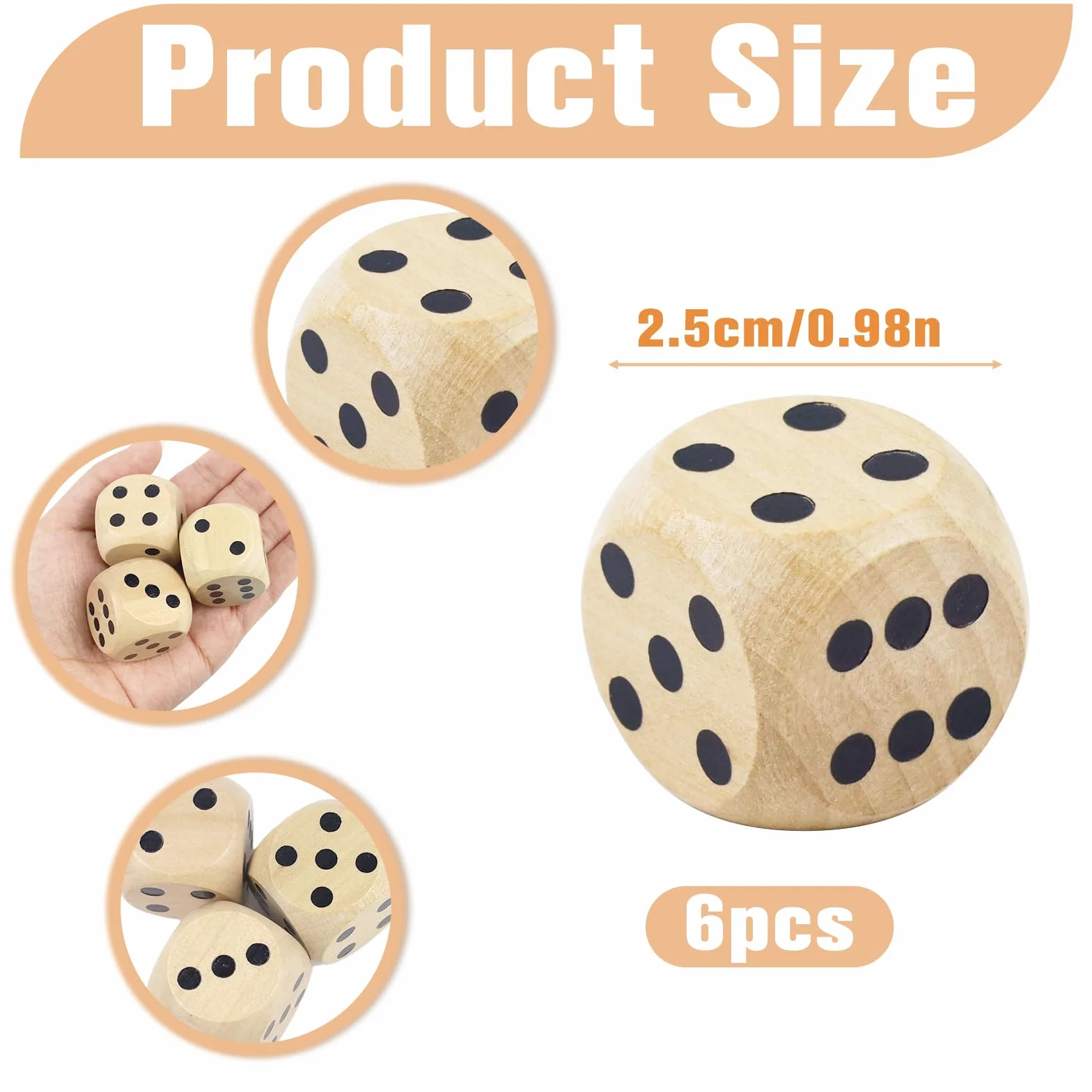 Grand Jeu de Dés en Bois 6 Pièces 25 mm D6 Cubes Naturel pour Jeux de Table