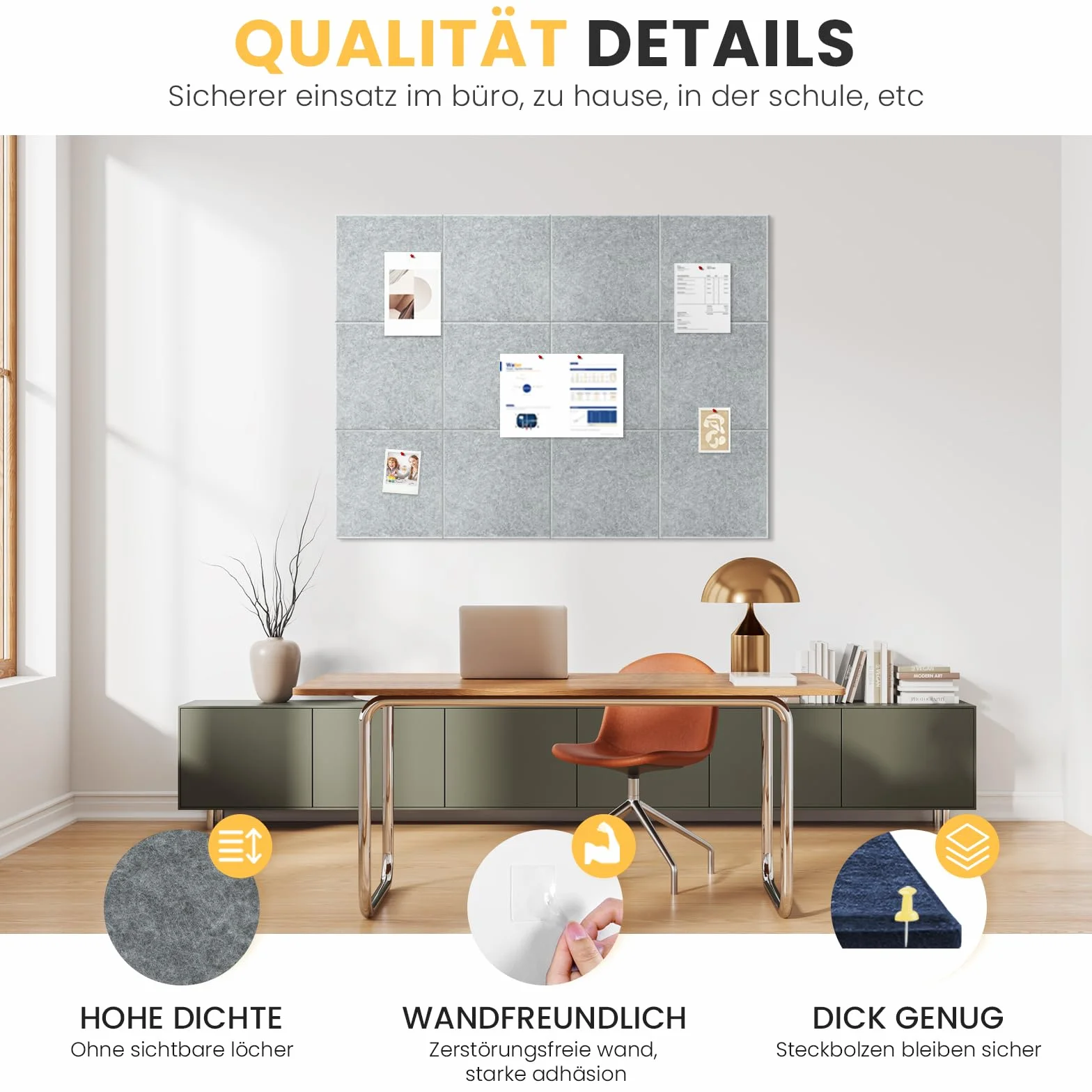 Lot de 6 tableaux d'affichage en feutre autocollant 90 x 60 cm gris clair avec 30 punaises