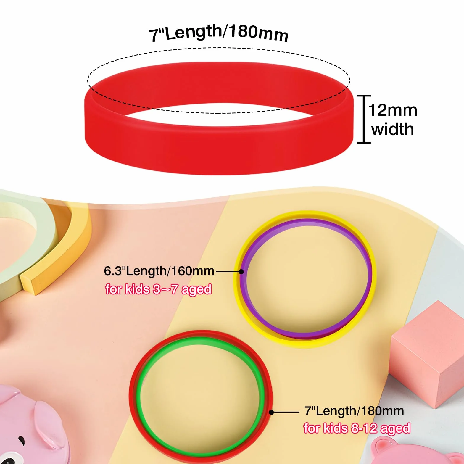 Bracelet en silicone pour enfants lot de 100 17,8 cm vert 4 couleurs 8-12 ans