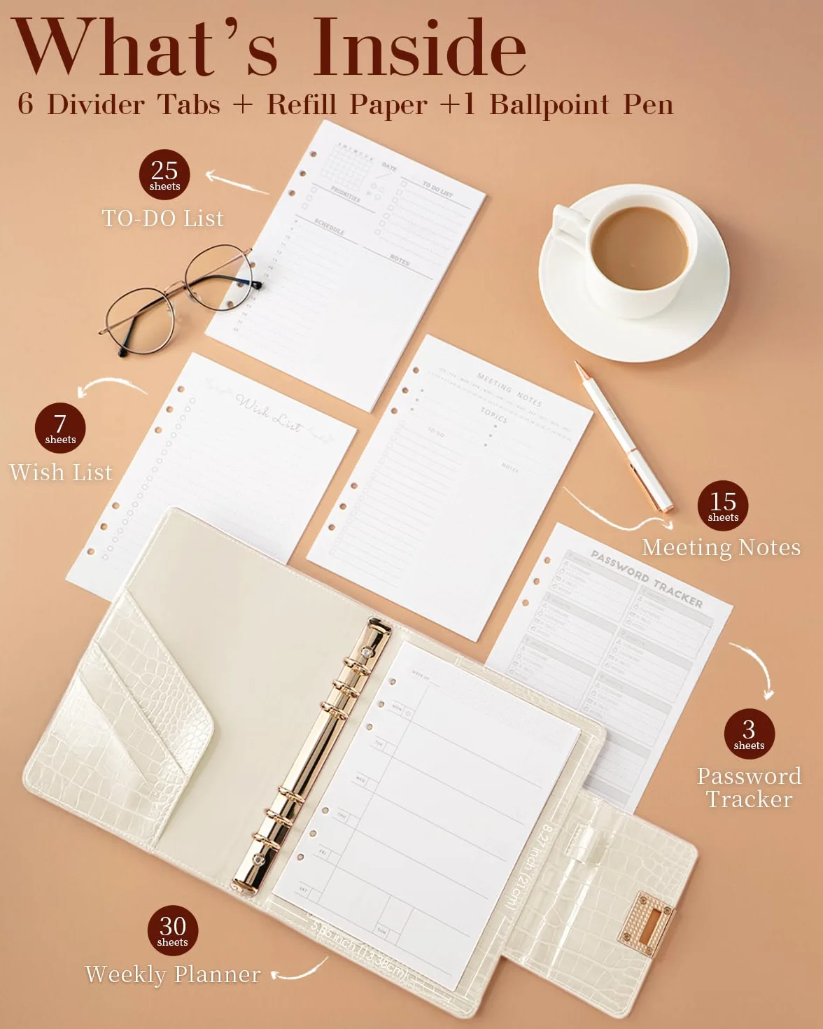 Planificateur en cuir non daté A5 texture crocodile 14,7 x 21 cm classeur rechargeable 6 anneaux 80 feuilles séparateurs