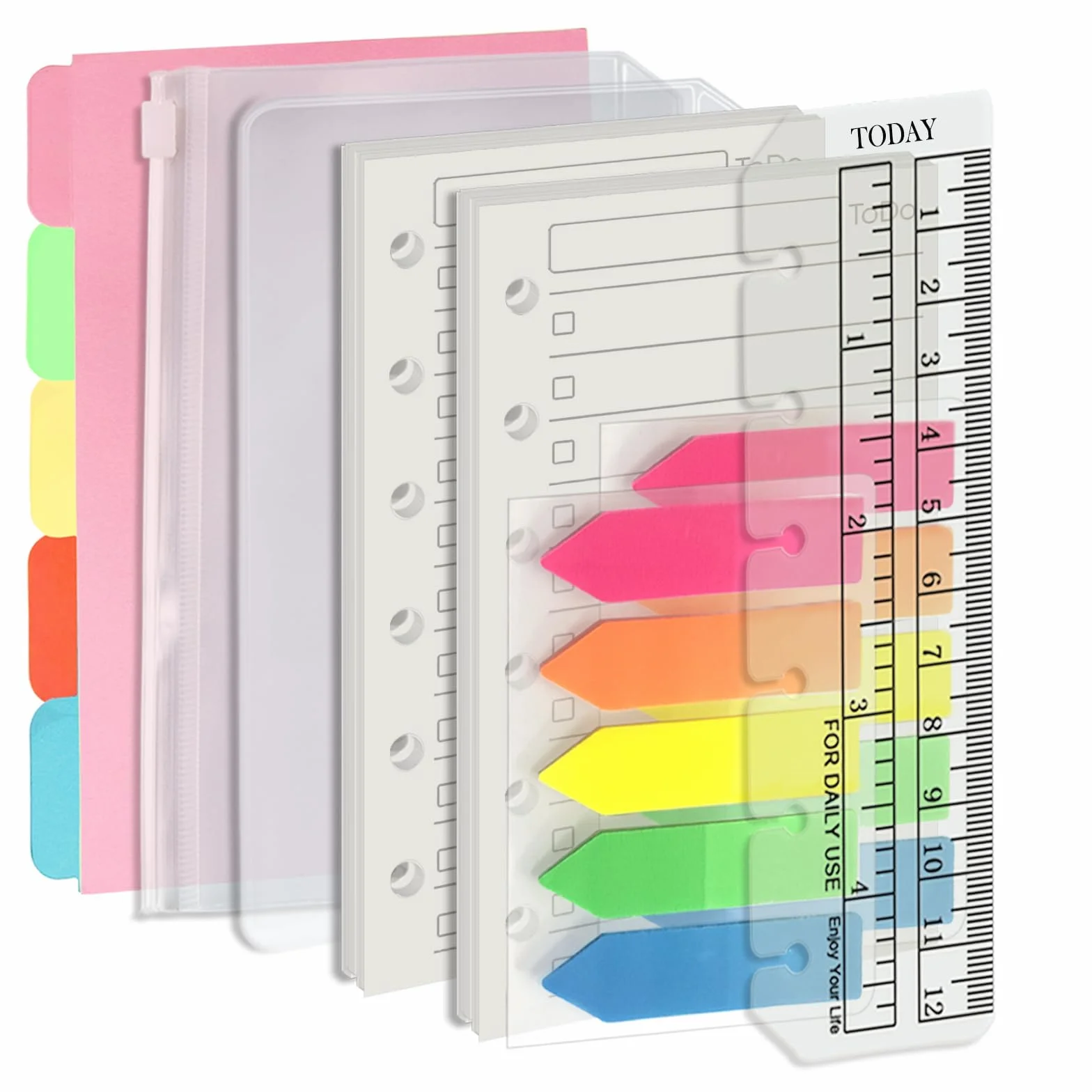 Harphia Kit de remplissage de cahiers A7 à 6 trous - 90 feuilles avec autocollants et séparateurs - Inserts de planification A7