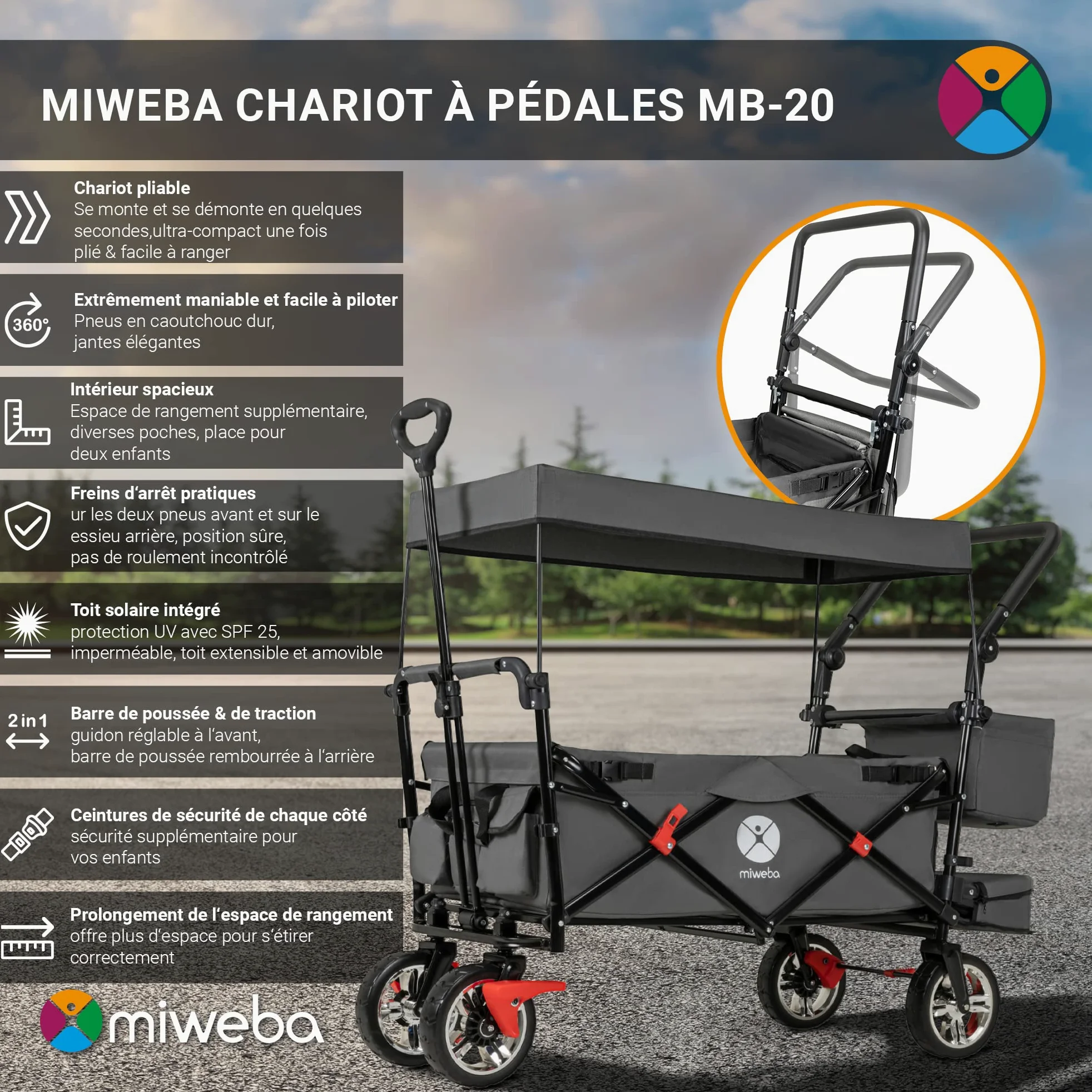 Miweba Chariot pour Enfants MB-20 - Chariot Pliable - Système de Harnais à 2X 3 Points - Frein de Stationnement - Roues en Caoutchouc Dur - Pare-Soleil avec Protection UV (Gris)