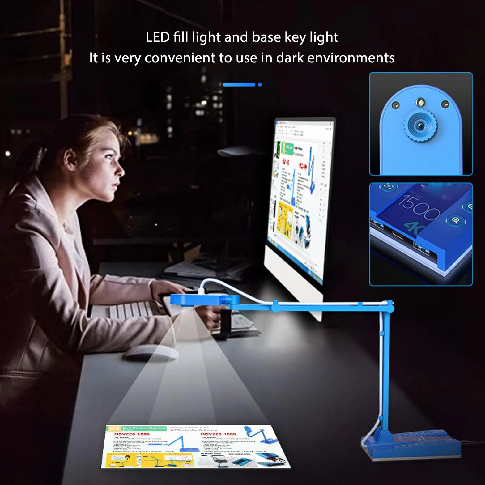 VBESTLIFE Caméra de Documents USB 15MP 4K avec Lumière LED, Pliable Autofocus HD, Zoom Numérique 4x