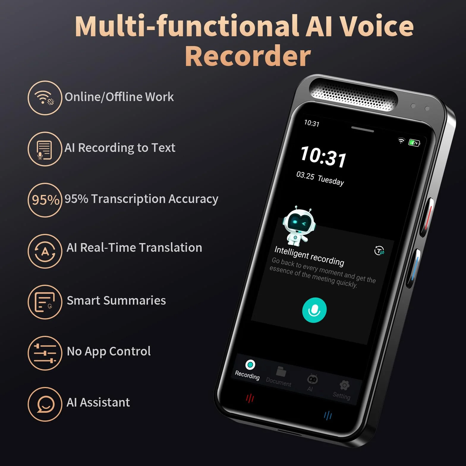 Note AI Dictaphone Numérique avec Transcription Gratuite, Résumé, Traduction en Ligne Hors Ligne, 134 Langues, Enregistreur AI pour Conférences