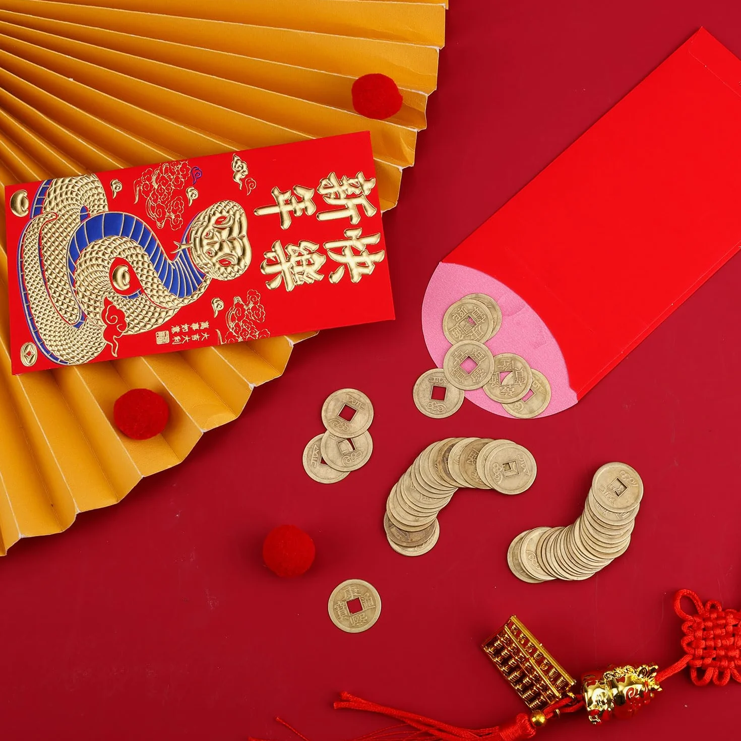 Enveloppes Rouges du Nouvel An Chinois 2025 Serpent Hong Bao 16,8x9cm 36pcs avec 50pcs Monnaie Feng Shui 6 Motifs Relief Dorés