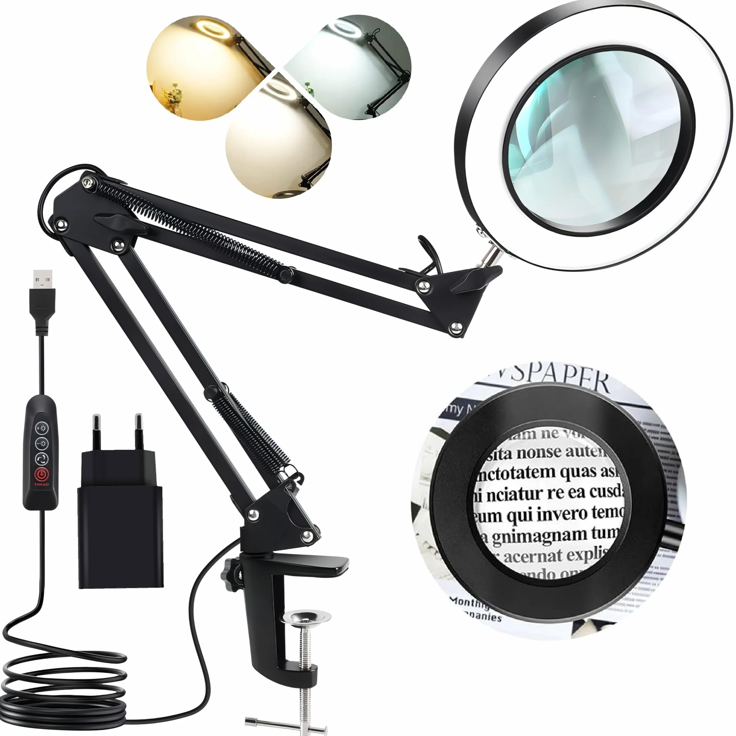 Lampe Loupe de Bureau avec LED 10X, Bras Pivotant Réglable, Pince Métal, 3 Modes Couleur, 10 Niveaux Luminosité