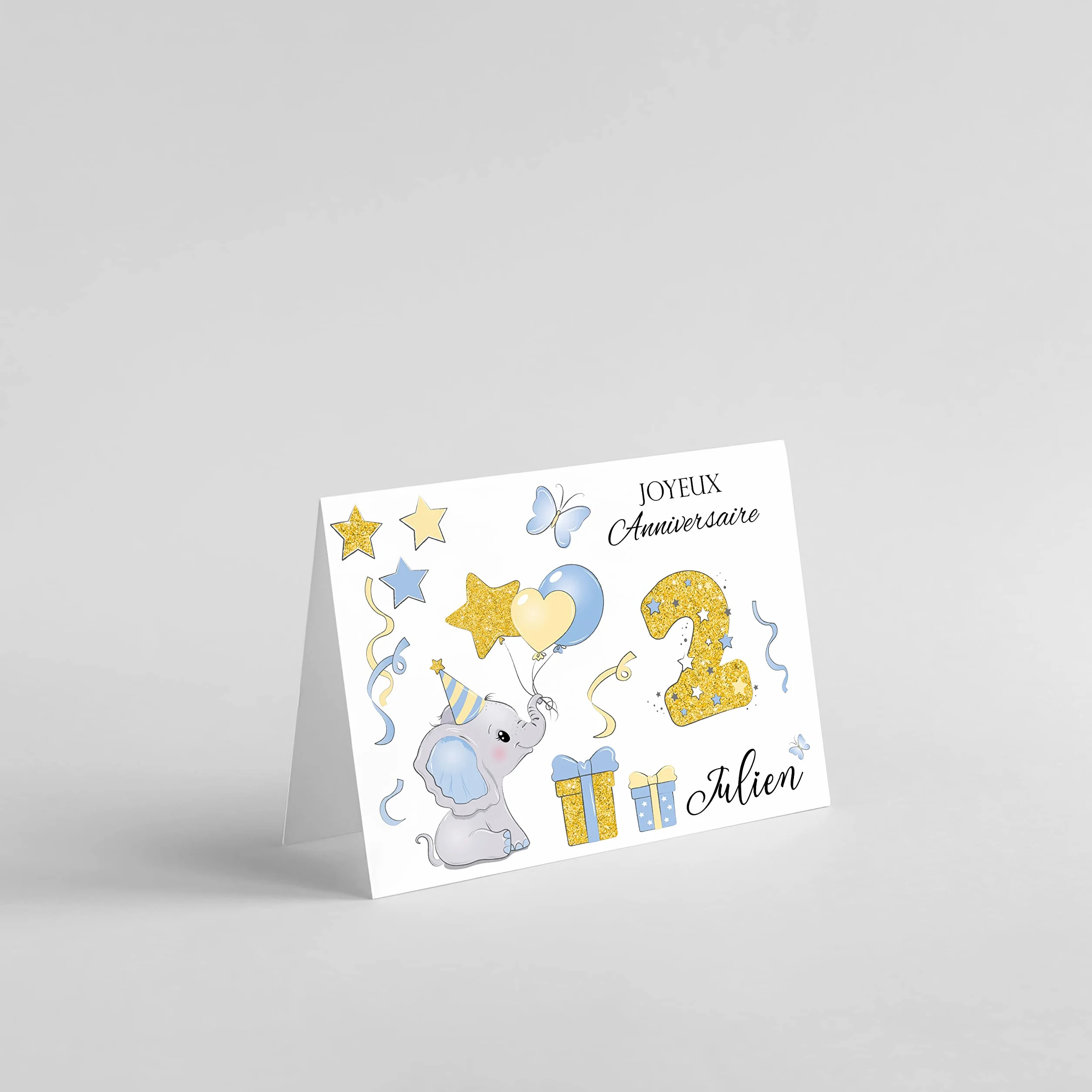 Carte joyeux anniversaire Eléphant garçon fille 1-3 ans personnaliser prénom âge papier glacé enveloppe