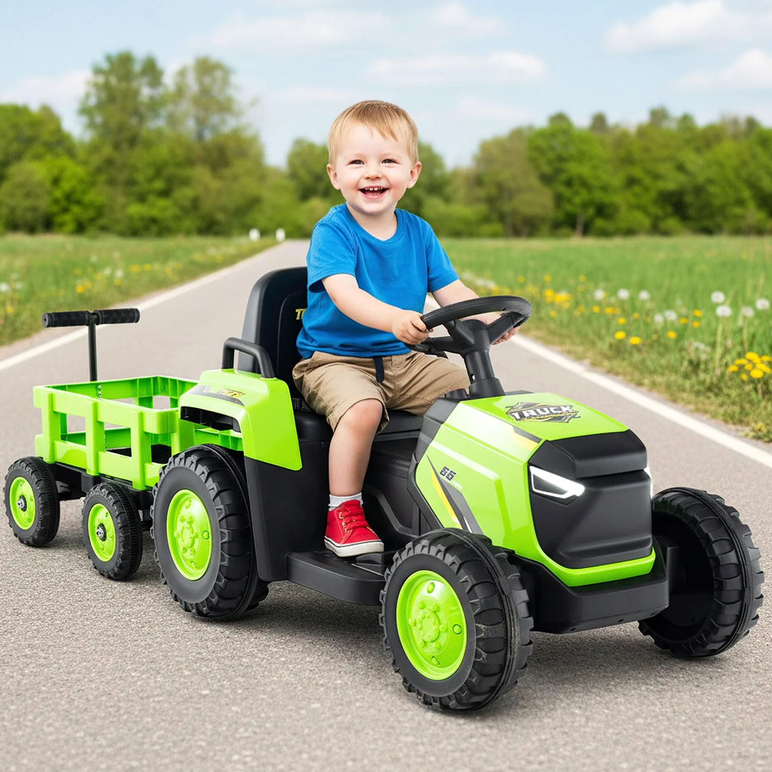COSTWAY 12V Tracteur Électrique Enfant avec Remorque Amovible, Voiture Électrique Enfant avec Télécommande & Phares LED, Klaxon, Musique, 1,6-4 km/h, Charge 30 kg pour 37-95 Mois (Vert)