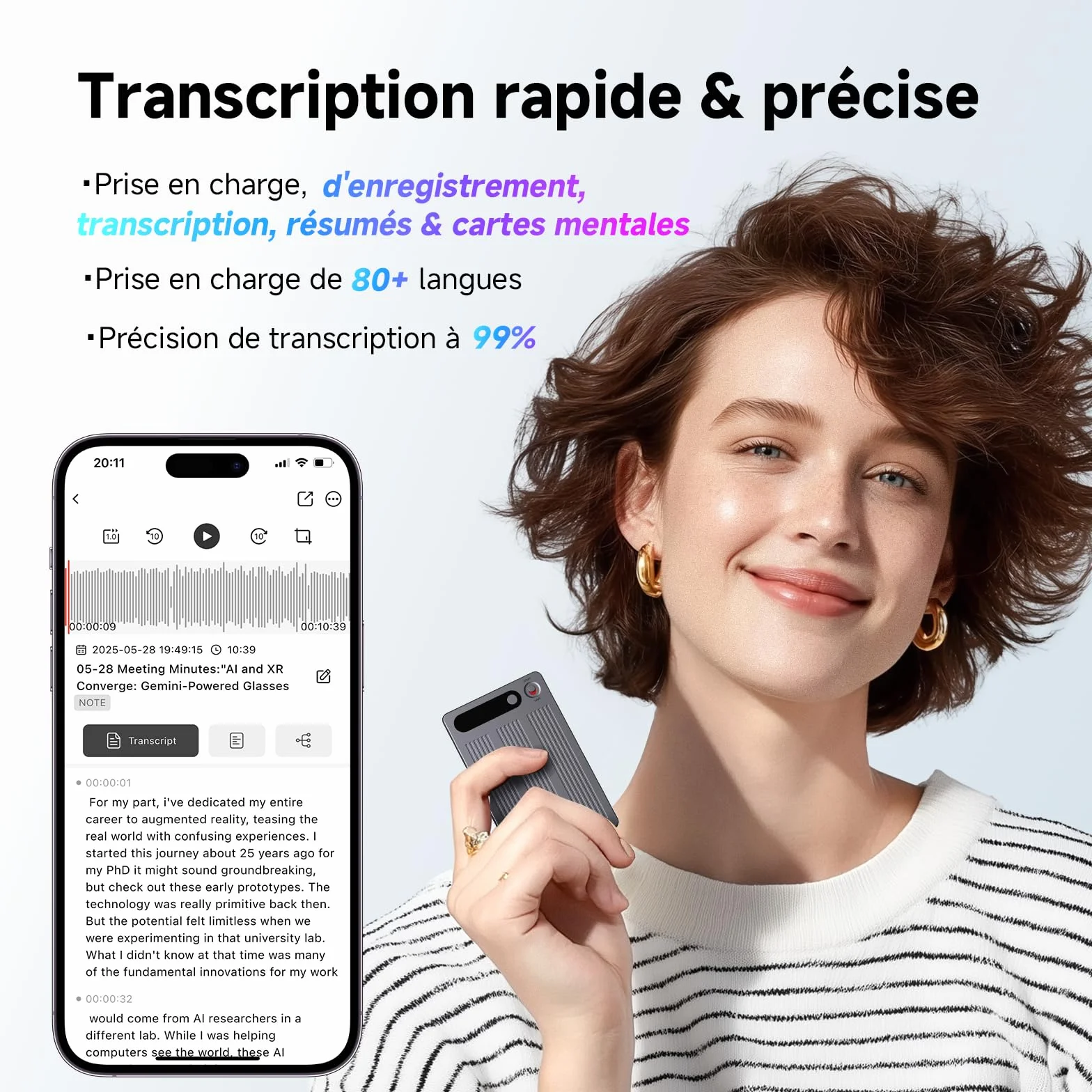 Enregistreur Vocal IA avec Étui magnétique Dictaphone - Contrôle par App, Traducteur & Transcription & résumé, 80+ Langues pour Conférences Appels