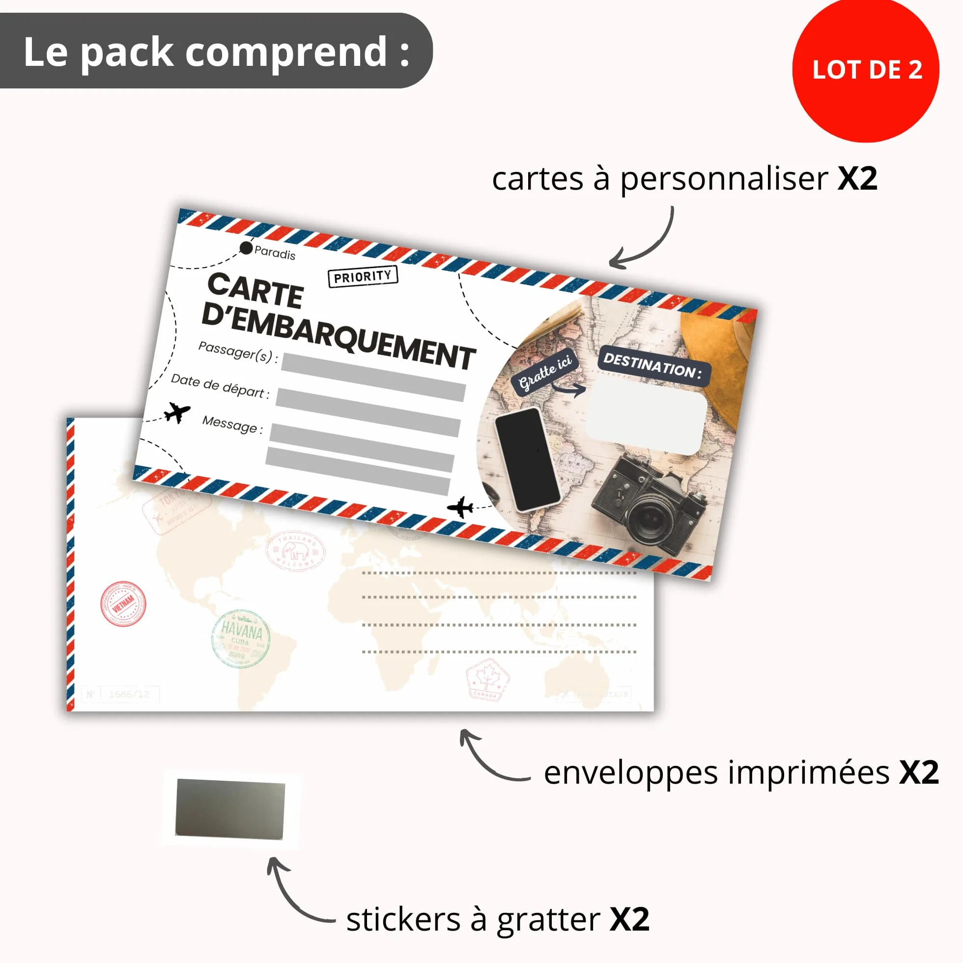 Carte à Gratter Voyage Surprise Personnalisable en Français - Billet d'Avion Annonce Cadeau Anniversaire Noël EVJF EVG - Pack de 2
