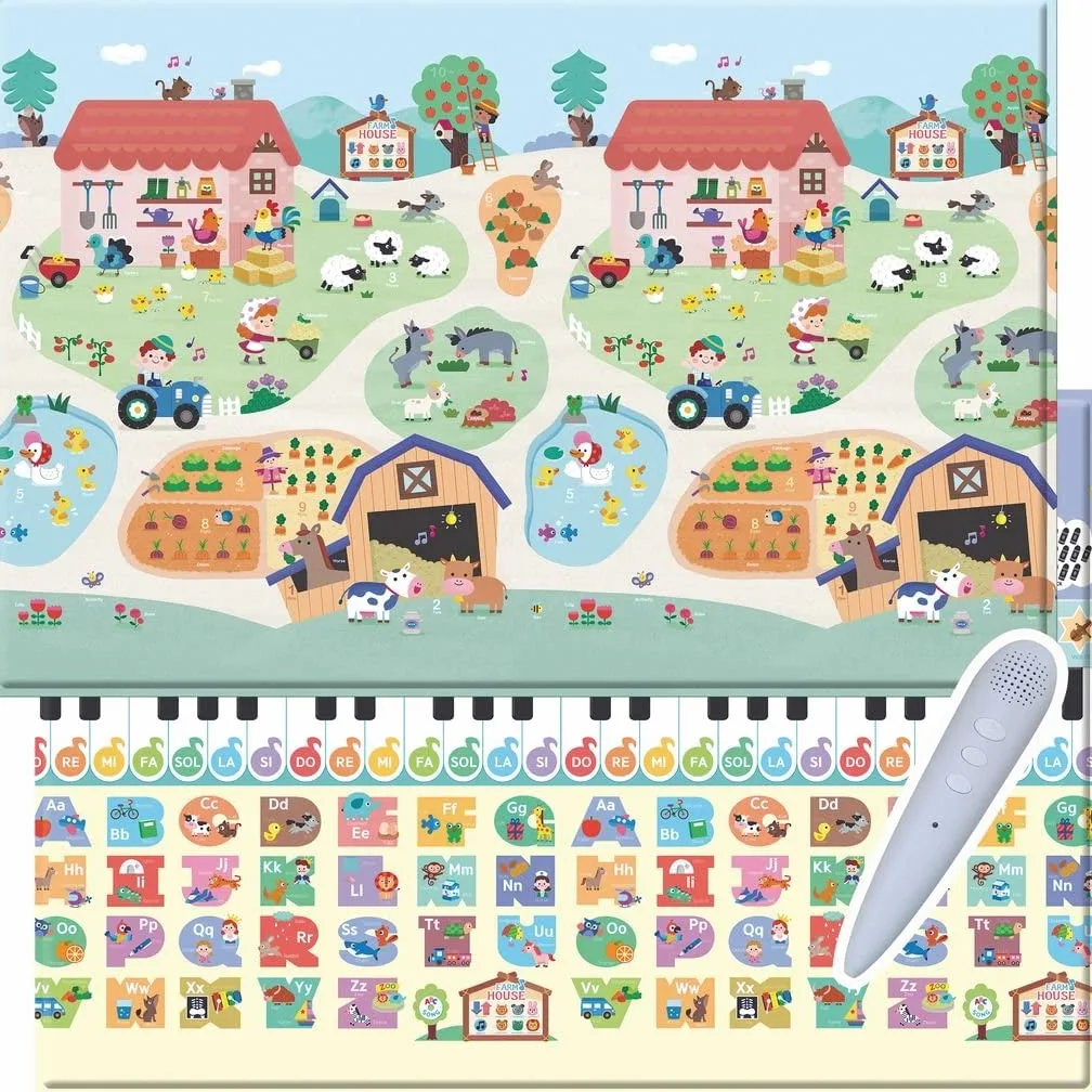 Dwinguler Tapis de jeu pour bébé - Motif maison de ferme - Large 230 cm x 140 cm x 15 mm - Réversible, doux, sans substances nocives, imperméable, antidérapant, certifié CE