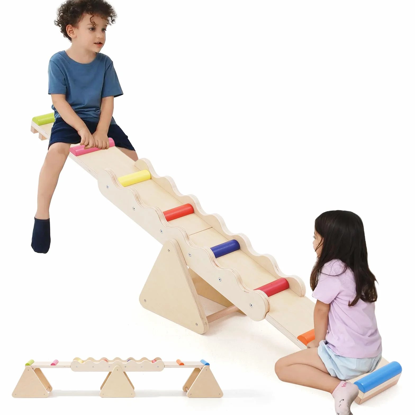 Poutre d'équilibre 2 en 1 en bois pour enfants, bascule et balançoire intérieur extérieur