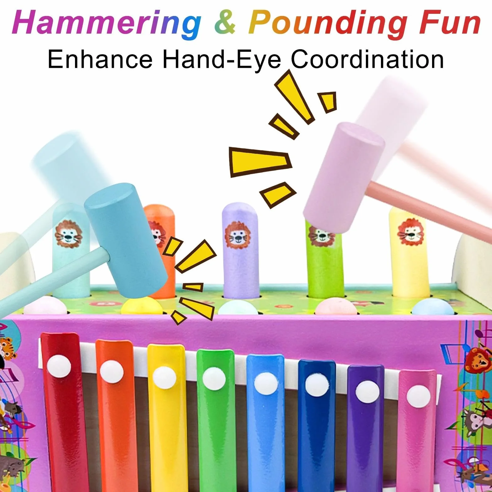 Jouet Xylophone Bebe 3 en 1, Montessori Marteau en Bois, Jeux Chasse Taupe, Banc À Marteler, Motricité Fine Cadeau Enfant 1-4 Ans
