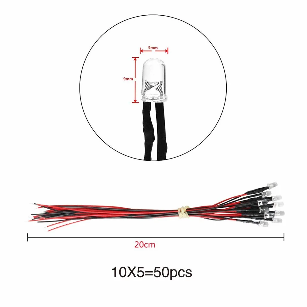 YIXISI 50 Pièces 12V Diodes LED Pre-Wired Round Top Ampoule Lampe 5mm
