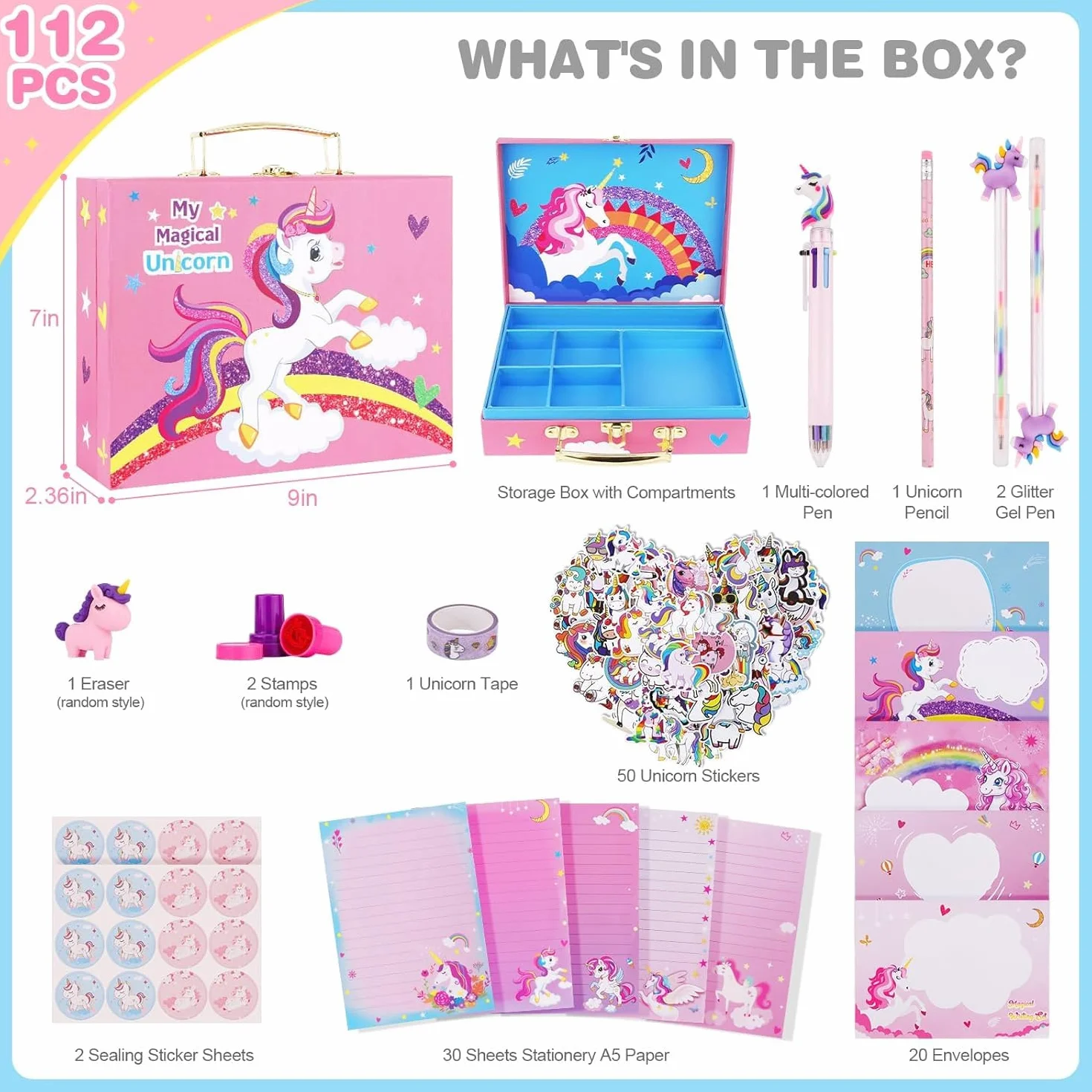 Ensemble de papeterie licorne 112 pièces pour filles 5-12 ans cadeau Noël