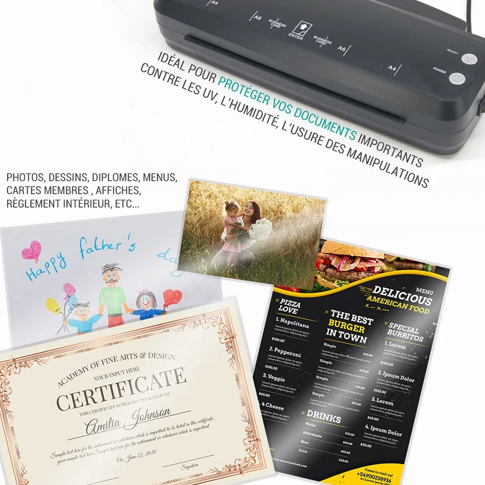 Plastifieuse A4 250 microns chauffe rapide vitesse 25 cm/min compatible pochettes A4/A5/A6 cartes levier anti-bourrage