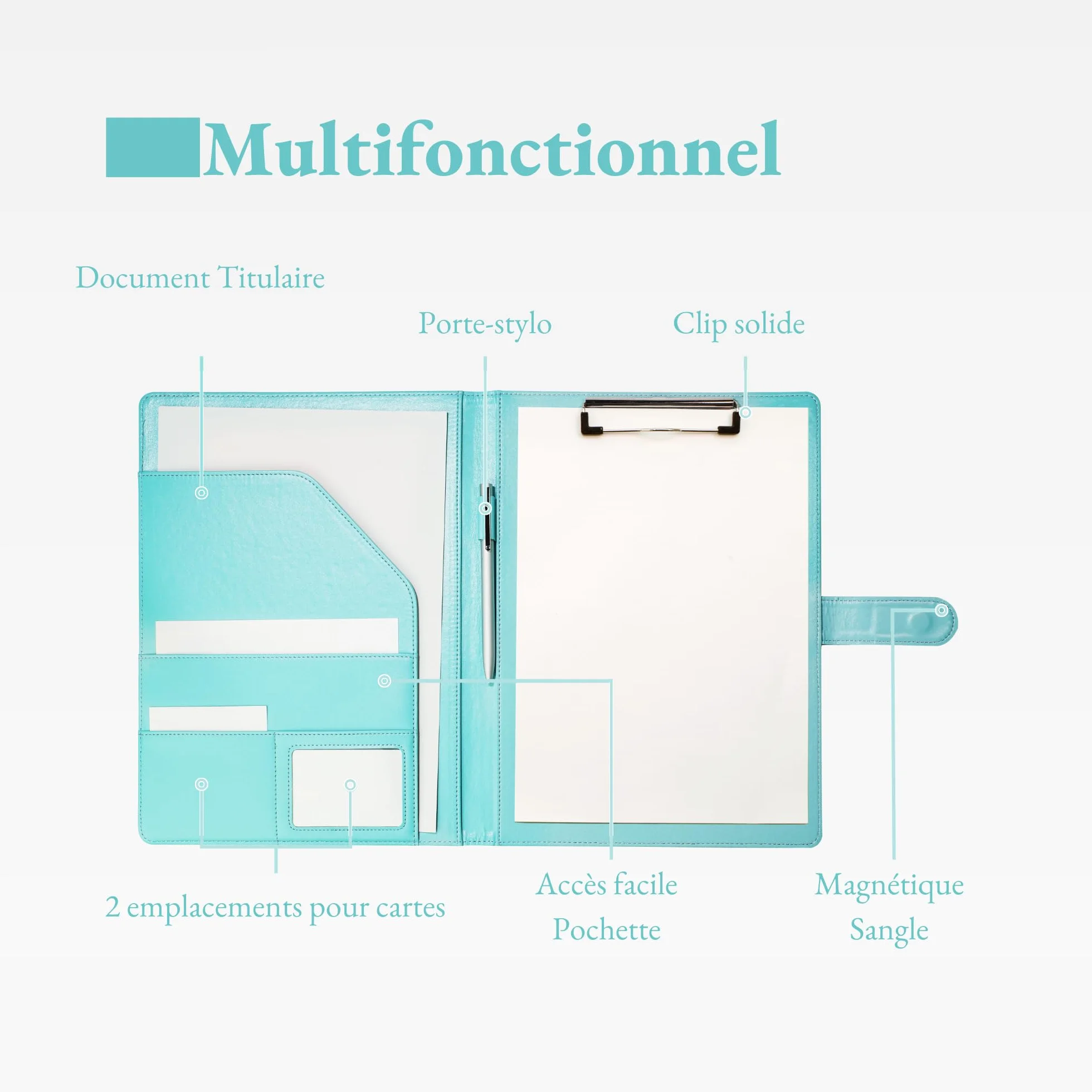 Porte-Documents A4 en PU Cuir Turquoise Pâle - Rangeur de Documents, Bloc-Notes, Trieur Organisateur