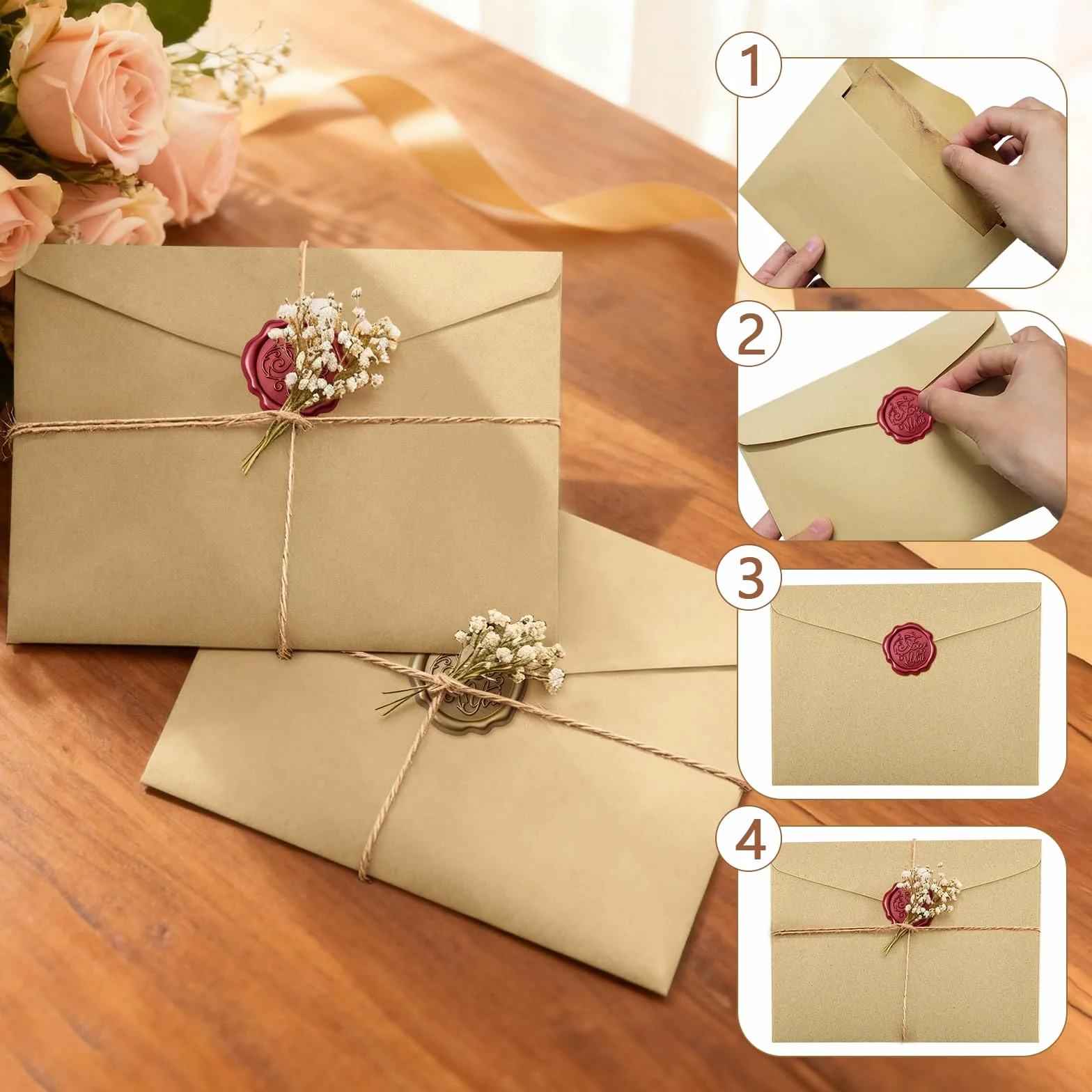 Ensemble de Papeterie Vintage 16 Enveloppes Papier Kraft Lettre Autocollants Sceau Cire Mariage
