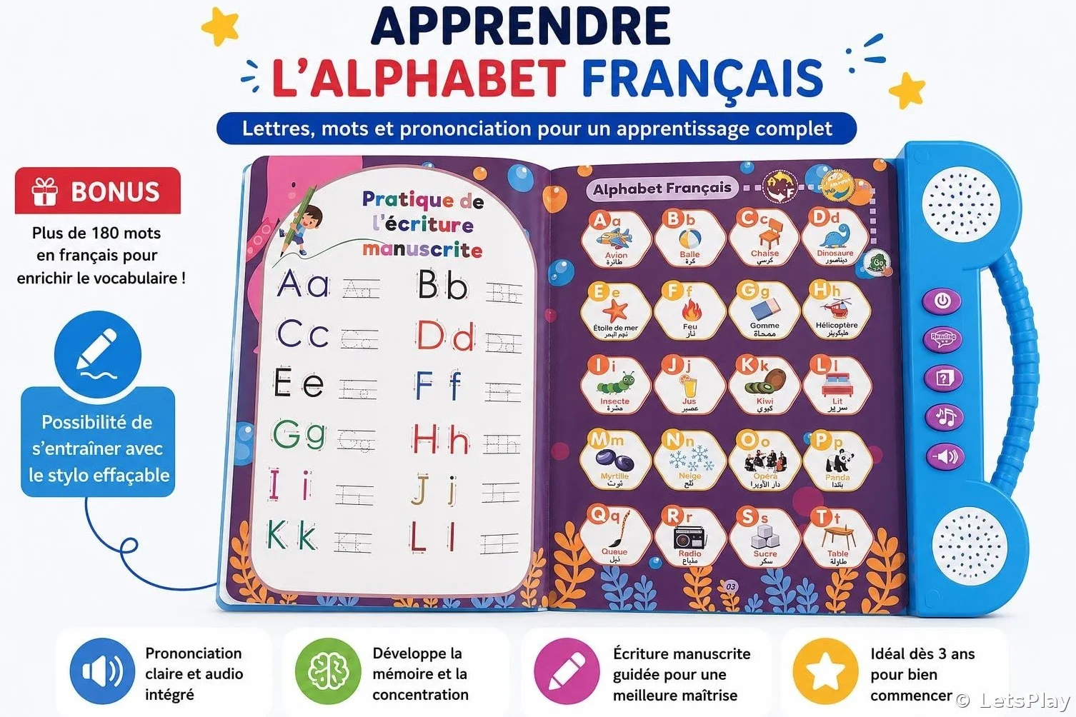 LetsPlay Livre Sonore Arabe Français Alphabet 180+ Mots Jouet Éducatif Enfant 3-8 Ans