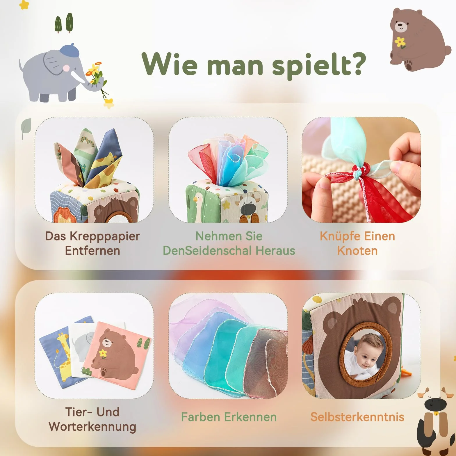 Boîte à Mouchoirs Sensorielle Montessori pour Bébé 0-12 Mois avec Miroir et Foulards