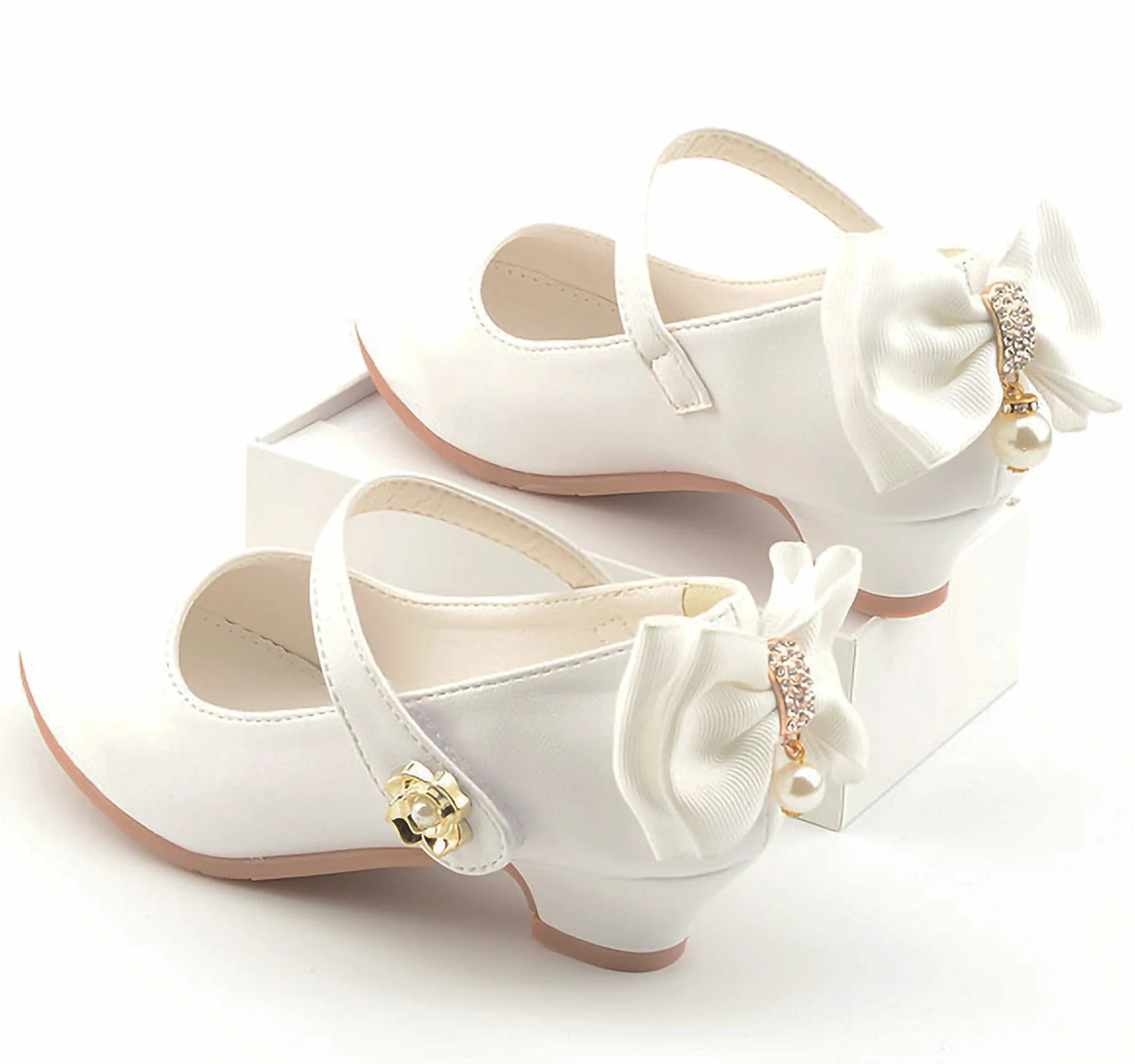 Sandales à Talon Haut Polyuréthane Souple Princesse Noeud Cristal Perle Scratch Chaussures Couleur Unie Tenue de Soirée, Blanc, 35