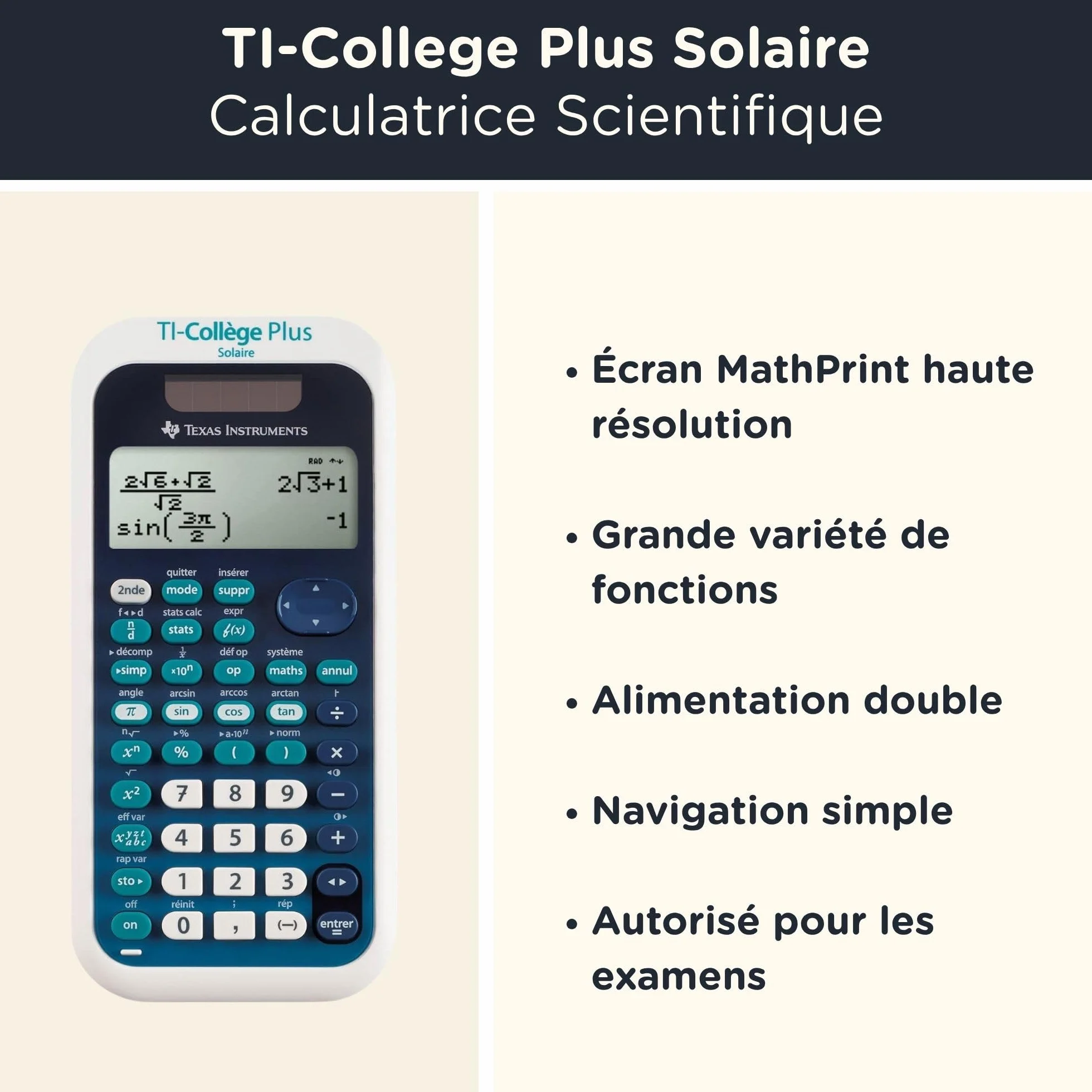 TI-Collège Plus Solaire Calculatrice Scientifique Noir avec Housse WYNGS