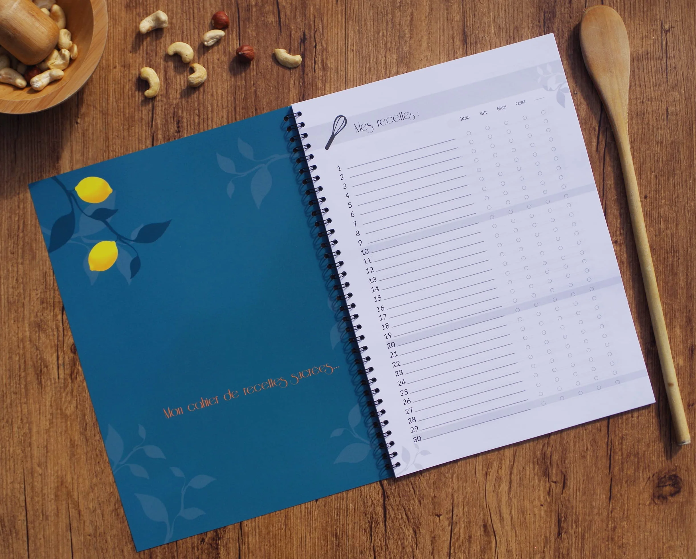 Cahier de Recettes Salées et Sucrées A4 Spirale, 60 Fiches Vierges